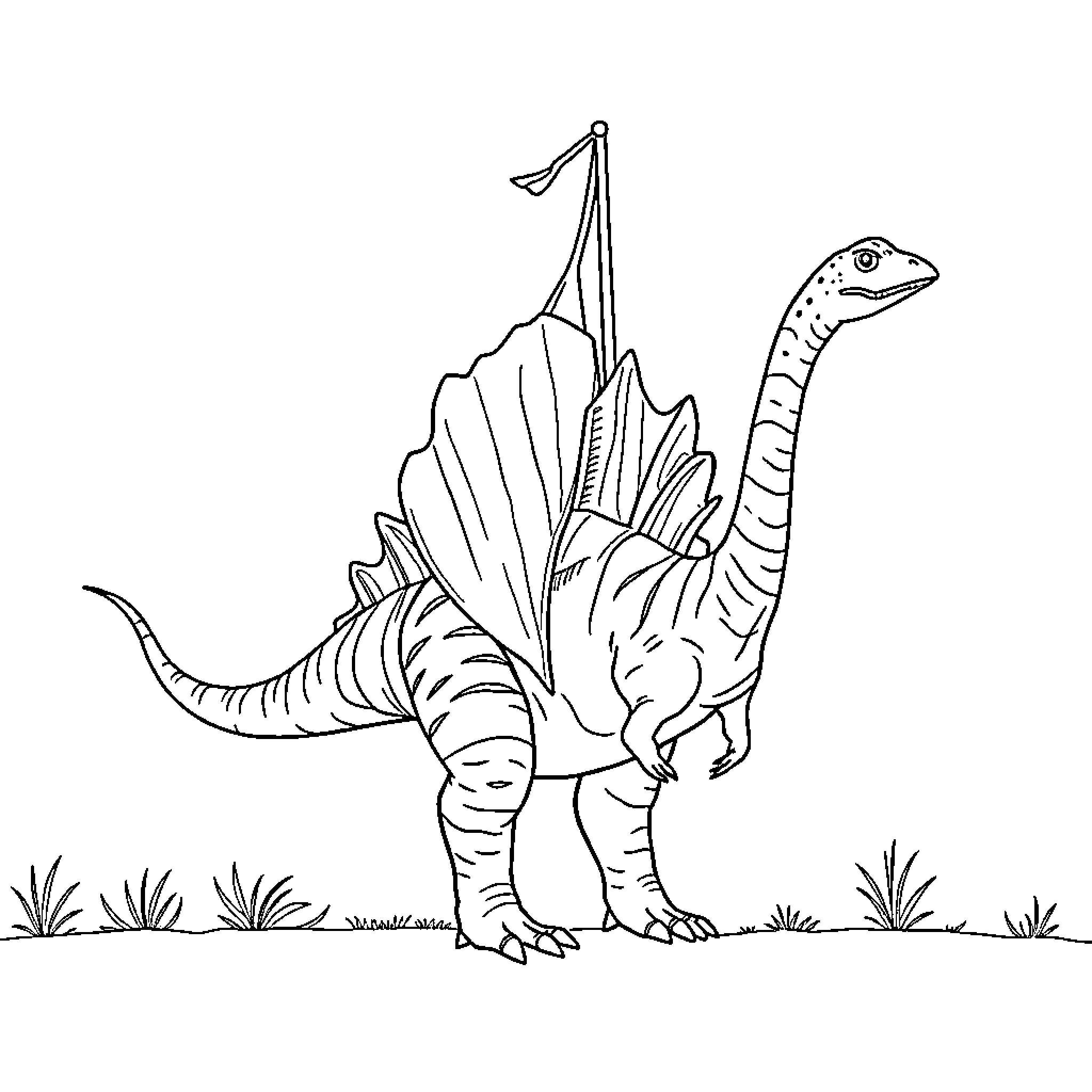 Spinosaurus standing proudly in its natural habitat Coloring Page (free black-and-white line drawing printable PDF for all, from beginners to advanced learners, including children, teens, adults, and seniors)