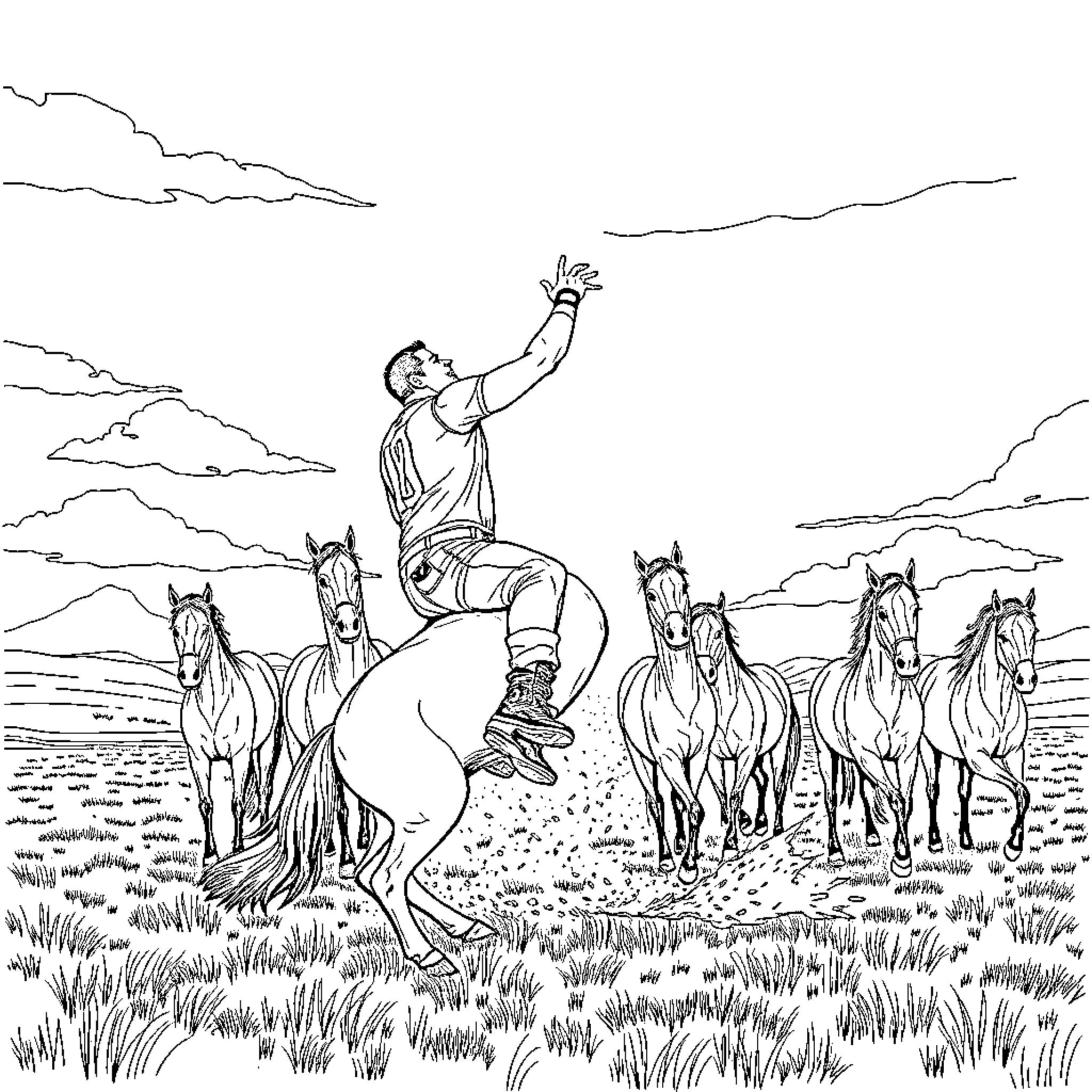 John Cena Riding Horses and Waving in a Scenic Landscape Coloring Page (free black-and-white line drawing printable PDF for all, from beginners to advanced learners, including children, teens, adults, and seniors)