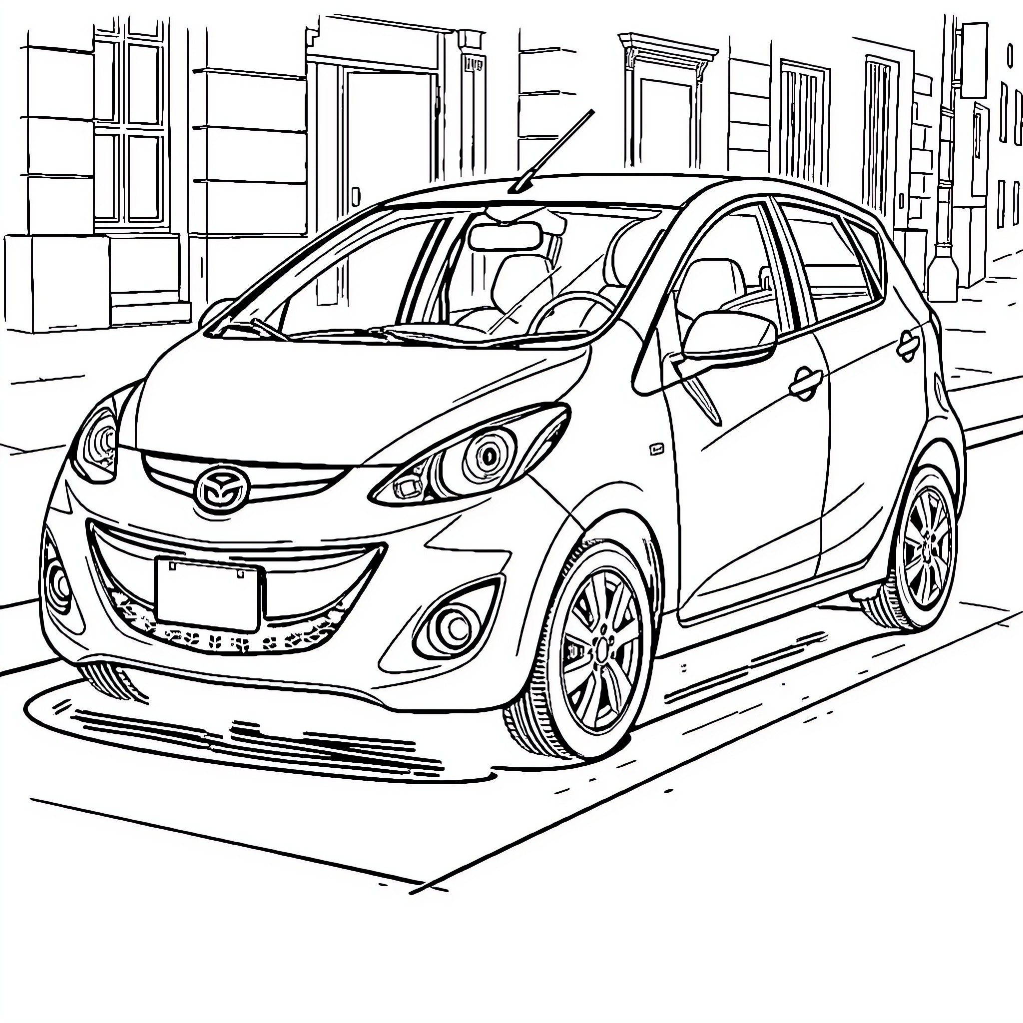 Mazda Demio on city street Coloring Page (free black-and-white line drawing printable PDF for all, from beginners to advanced learners, including children, teens, adults, and seniors)