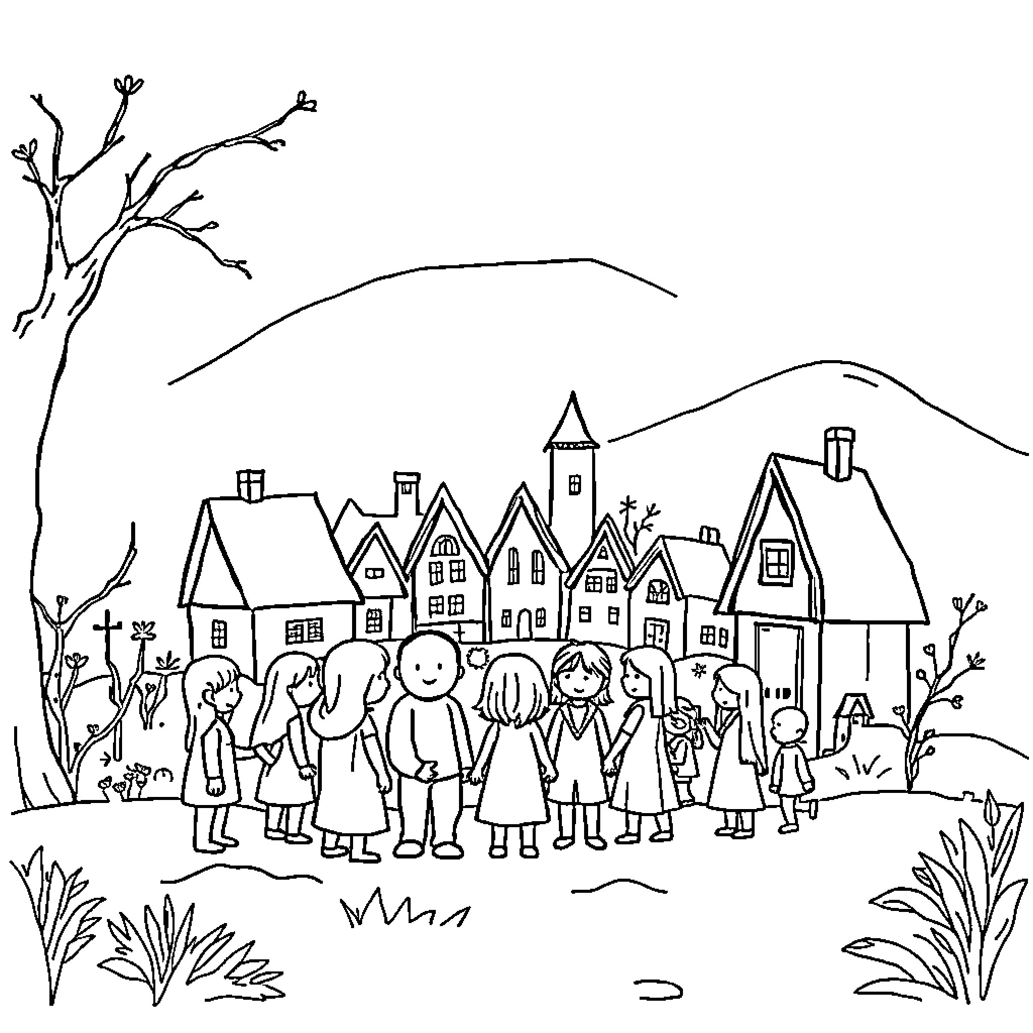 Person gathering in a small village Coloring Page (free black-and-white line drawing printable PDF for all, from beginners to advanced learners, including children, teens, adults, and seniors)