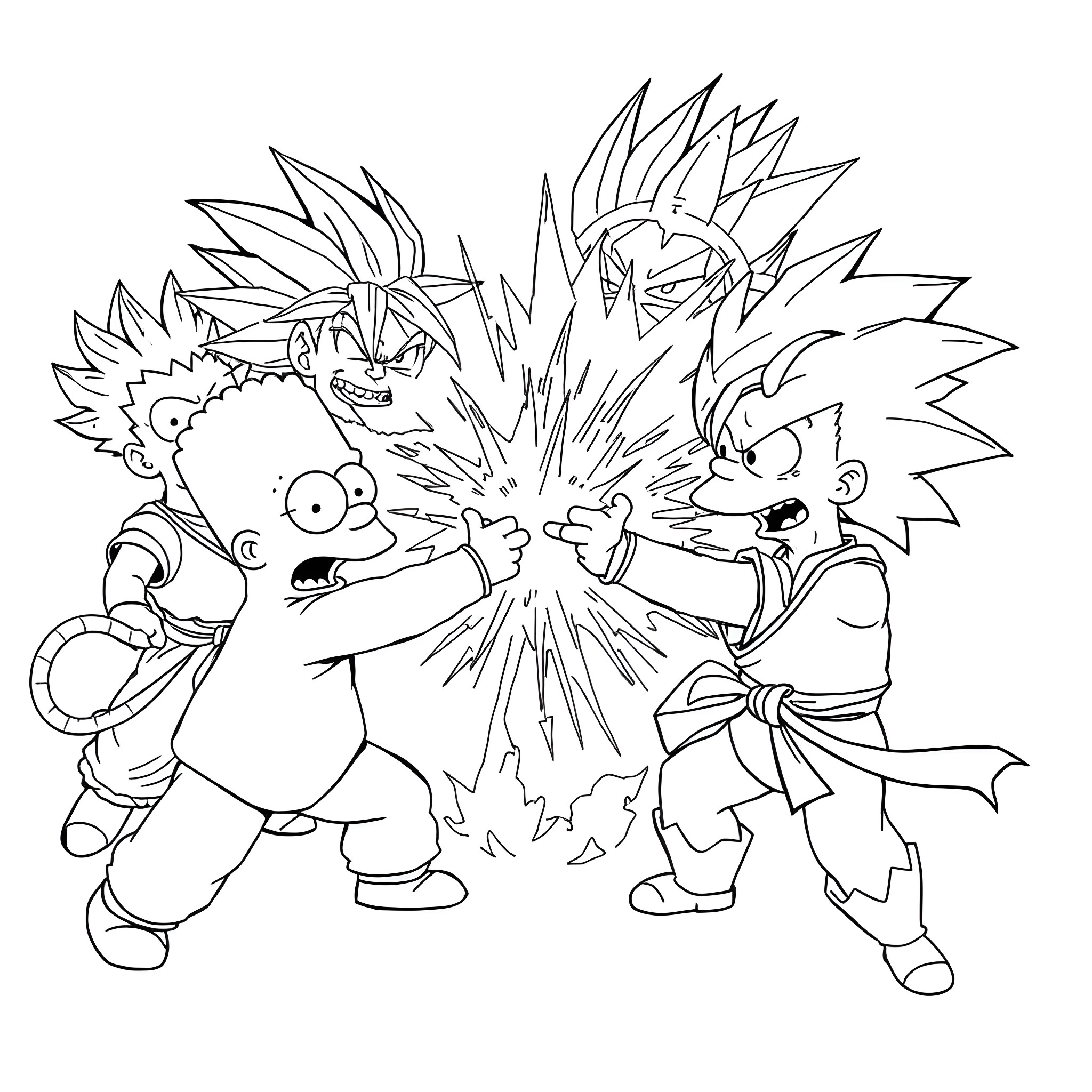 Simpsons characters in an energetic battle scene Coloring Page (free black-and-white line drawing printable PDF for all, from beginners to advanced learners, including children, teens, adults, and seniors)
