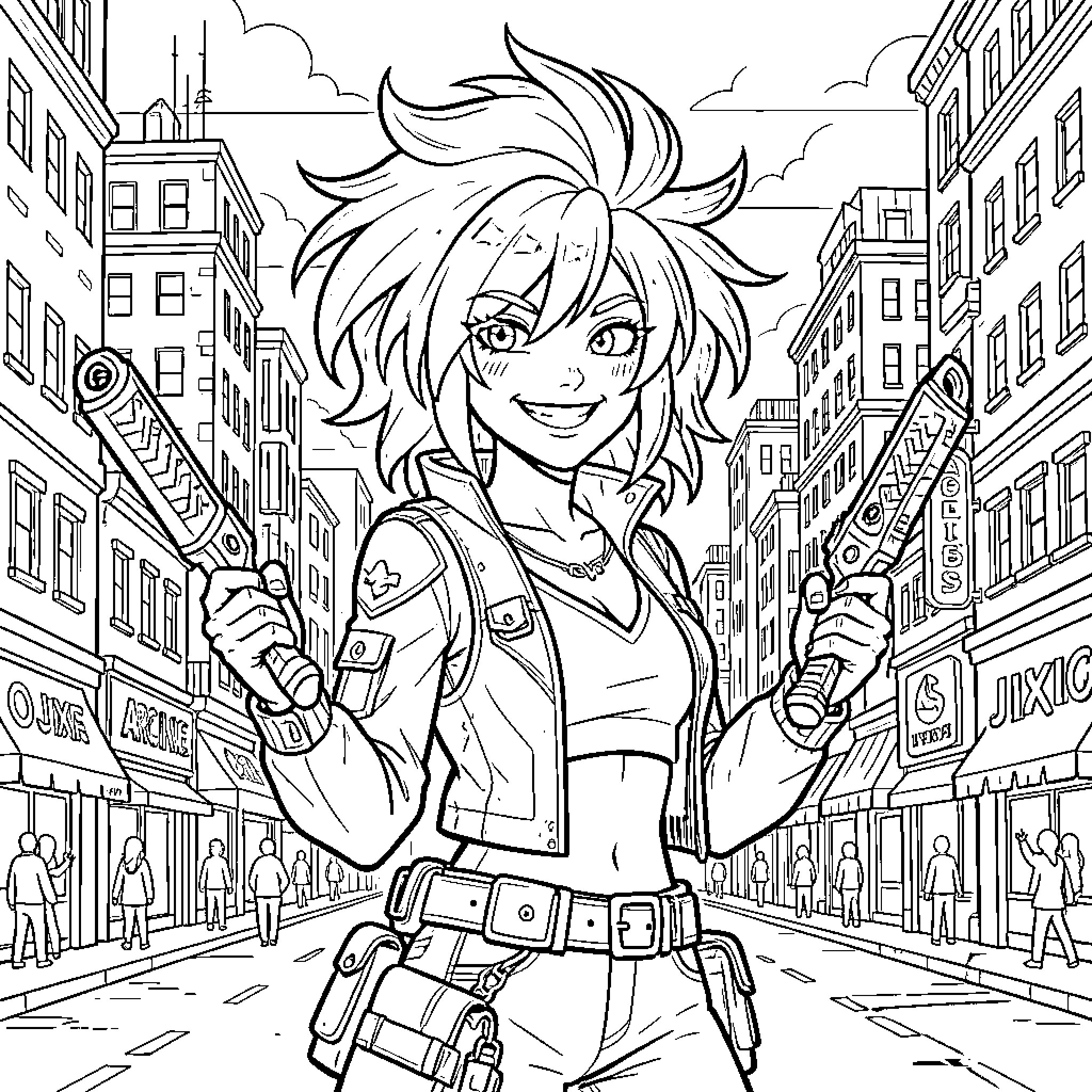 Jinx, the Rebellious Crimefighter in the City Coloring Page (free black-and-white line drawing printable PDF for all, from beginners to advanced learners, including children, teens, adults, and seniors)