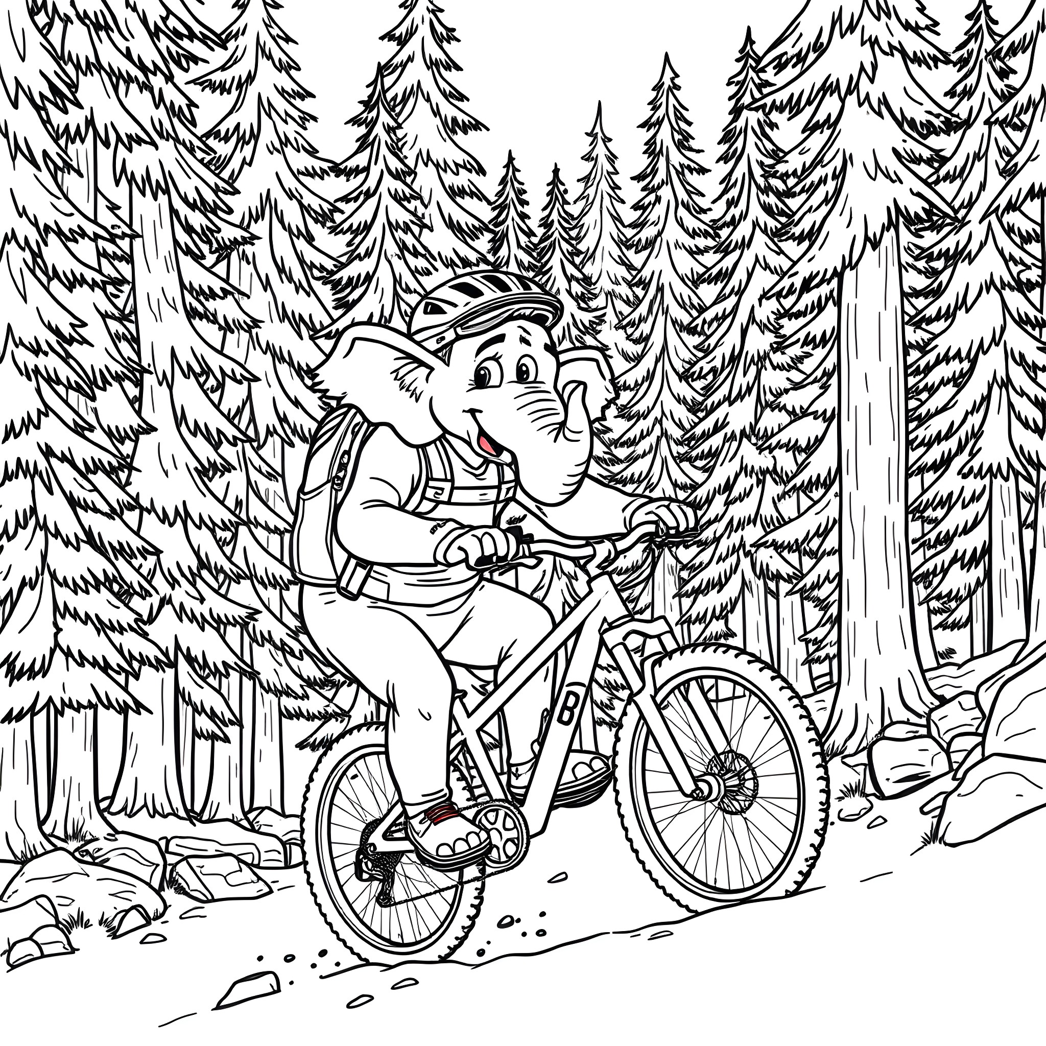 Elephant biking through the forest Coloring Page (free black-and-white line drawing printable PDF for all, from beginners to advanced learners, including children, teens, adults, and seniors)