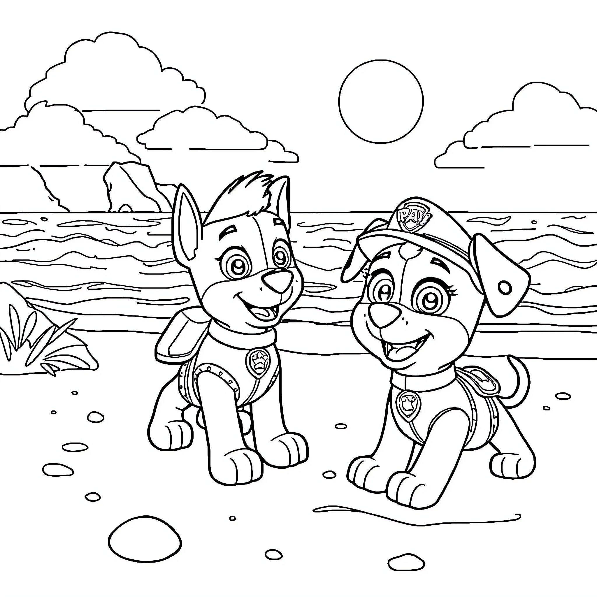 Paw Patrol puppies playing on the beach Coloring Page (free black-and-white line drawing printable PDF for all, from beginners to advanced learners, including children, teens, adults, and seniors)