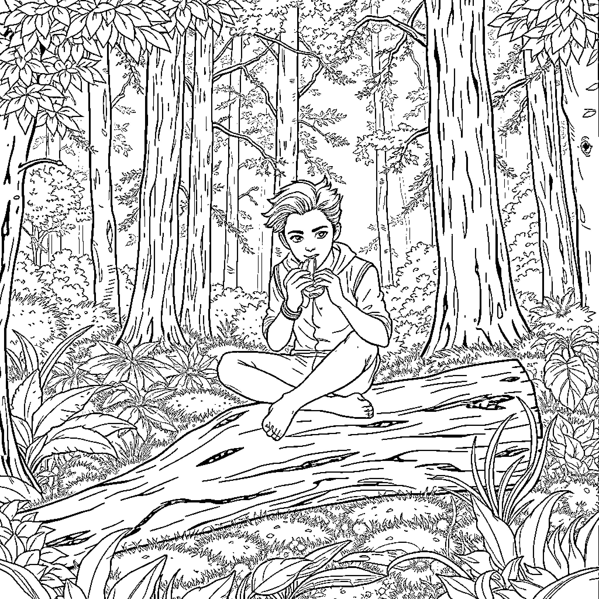 Edward contemplating in the tranquil forest Coloring Page (free black-and-white line drawing printable PDF for all, from beginners to advanced learners, including children, teens, adults, and seniors)