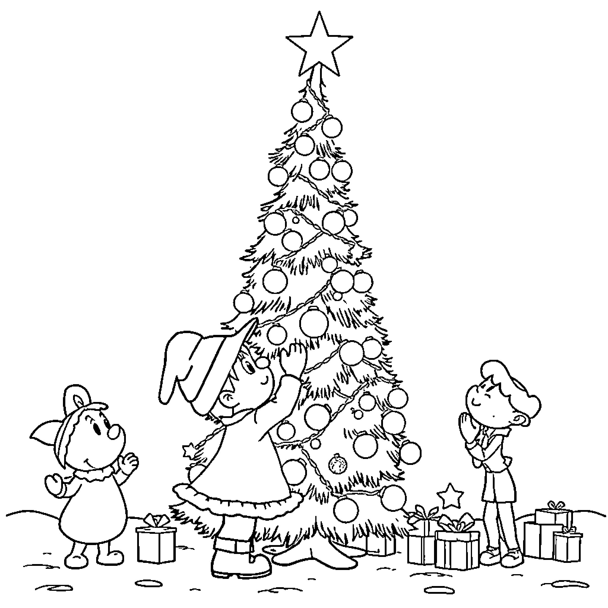 Charlie's Christmas Celebration with Friends Coloring Page (free black-and-white line drawing printable PDF for all, from beginners to advanced learners, including children, teens, adults, and seniors)