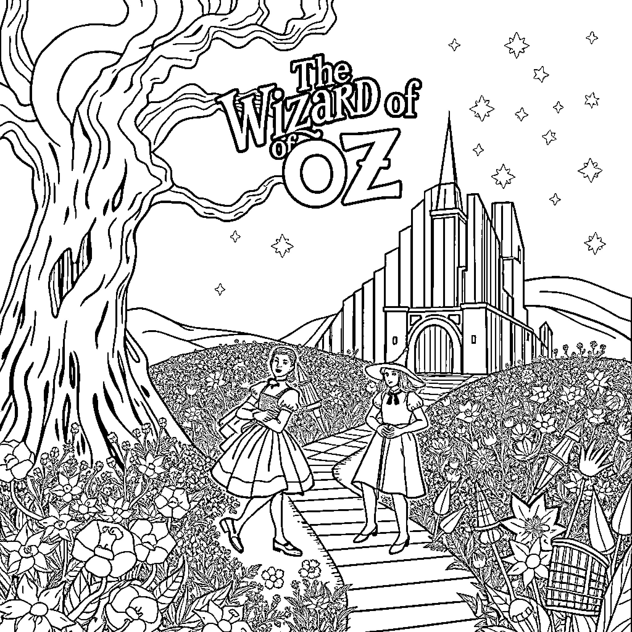 Wizard of Oz - Characters on a Whimsical Journey Coloring Page (free black-and-white line drawing printable PDF for all, from beginners to advanced learners, including children, teens, adults, and seniors)