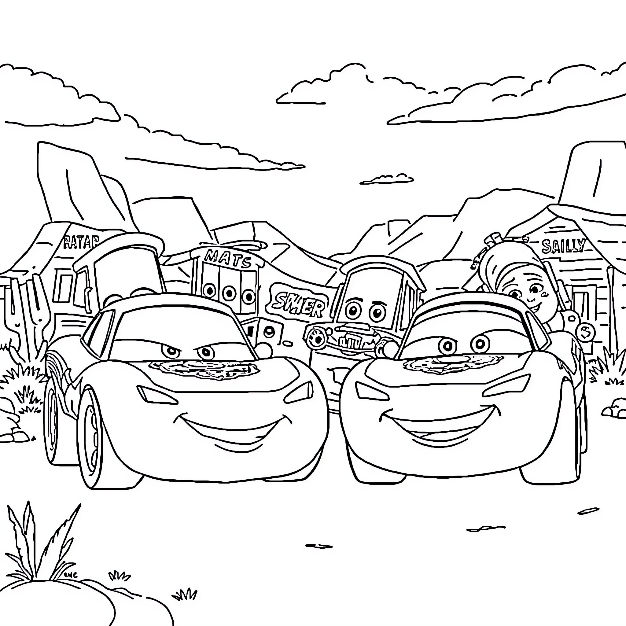 Car race in desert landscape with cartoon characters Coloring Page (free black-and-white line drawing printable PDF for all, from beginners to advanced learners, including children, teens, adults, and seniors)