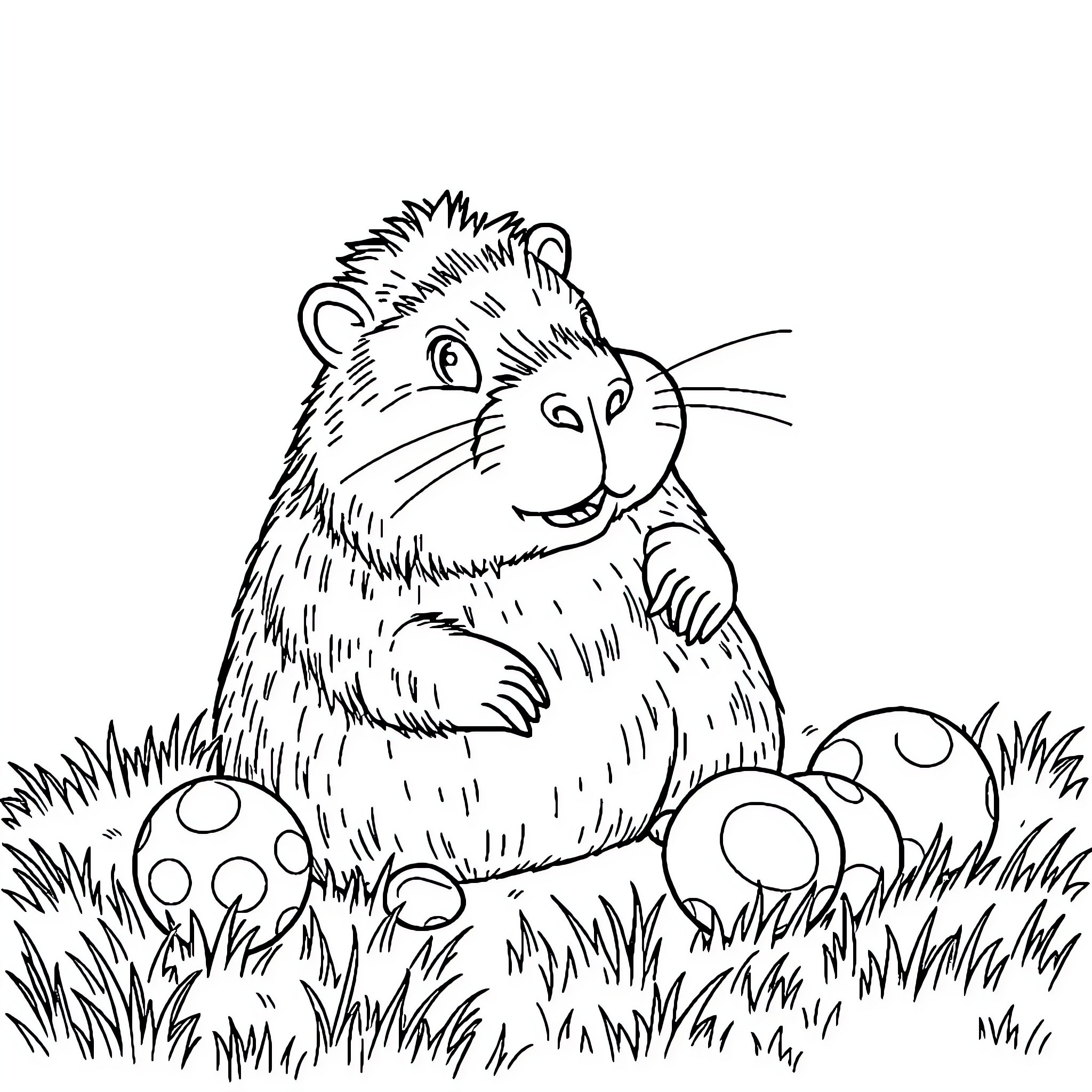 Capybara enjoying the outdoors on a grassy field Coloring Page (free black-and-white line drawing printable PDF for all, from beginners to advanced learners, including children, teens, adults, and seniors)