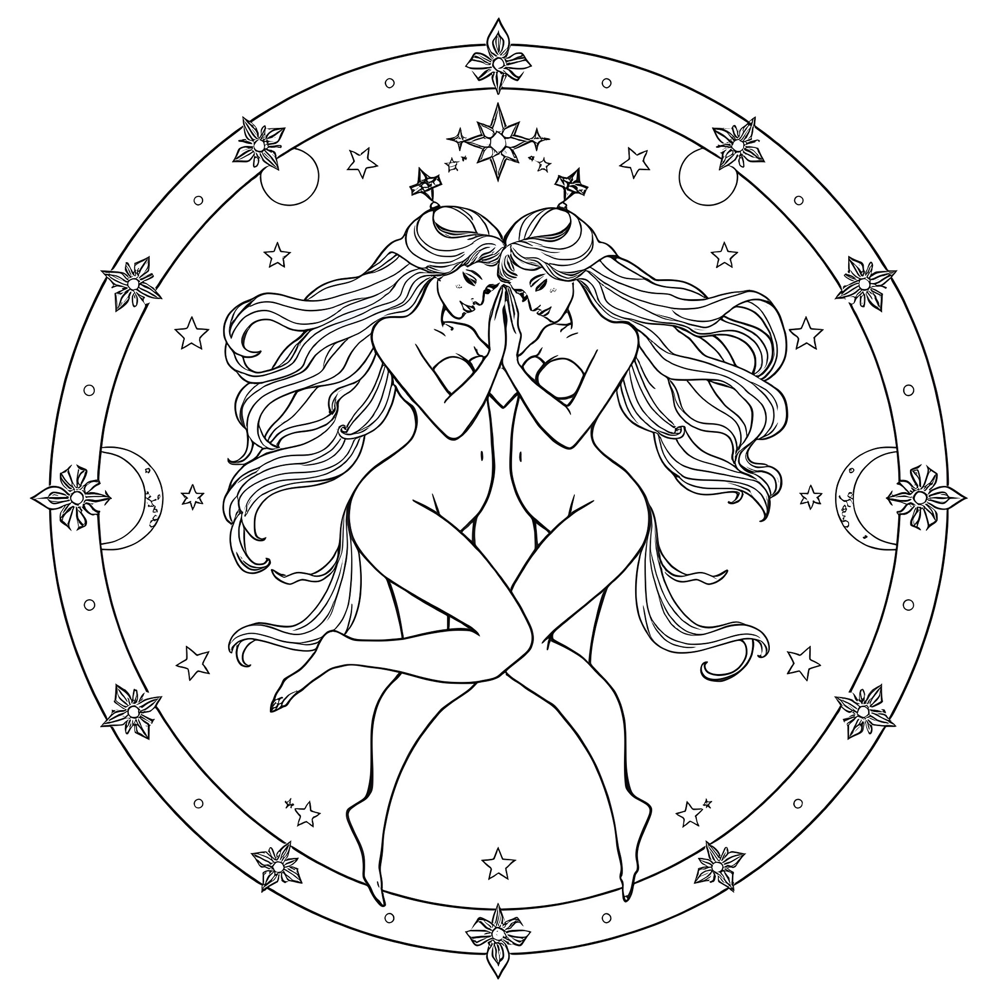 Gemini Twins Embracing Under Starry Night Coloring Page (free black-and-white line drawing printable PDF for all, from beginners to advanced learners, including children, teens, adults, and seniors)