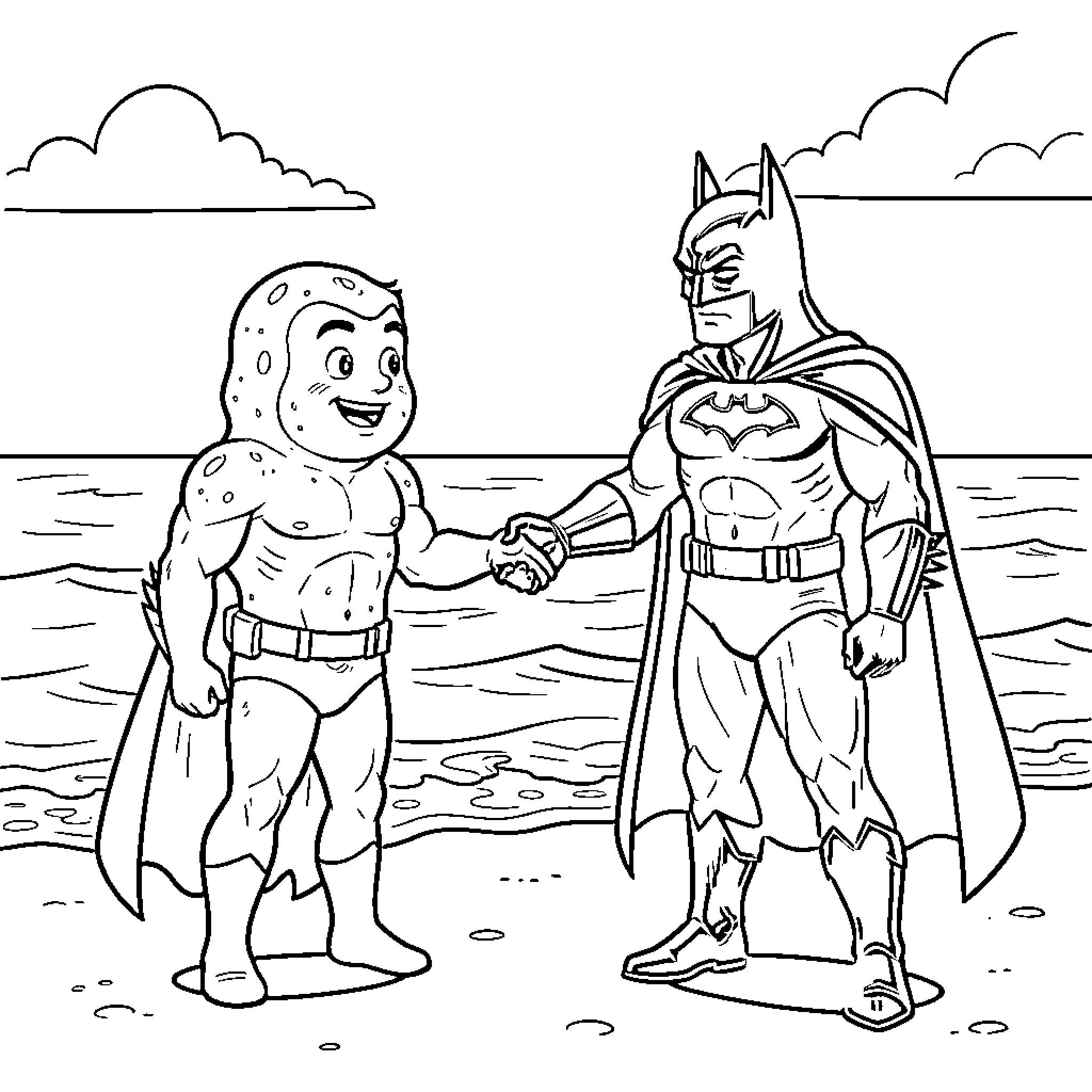 Spongebob dressed as a superhero shaking hands with Batman Coloring Page (free black-and-white line drawing printable PDF for all, from beginners to advanced learners, including children, teens, adults, and seniors)