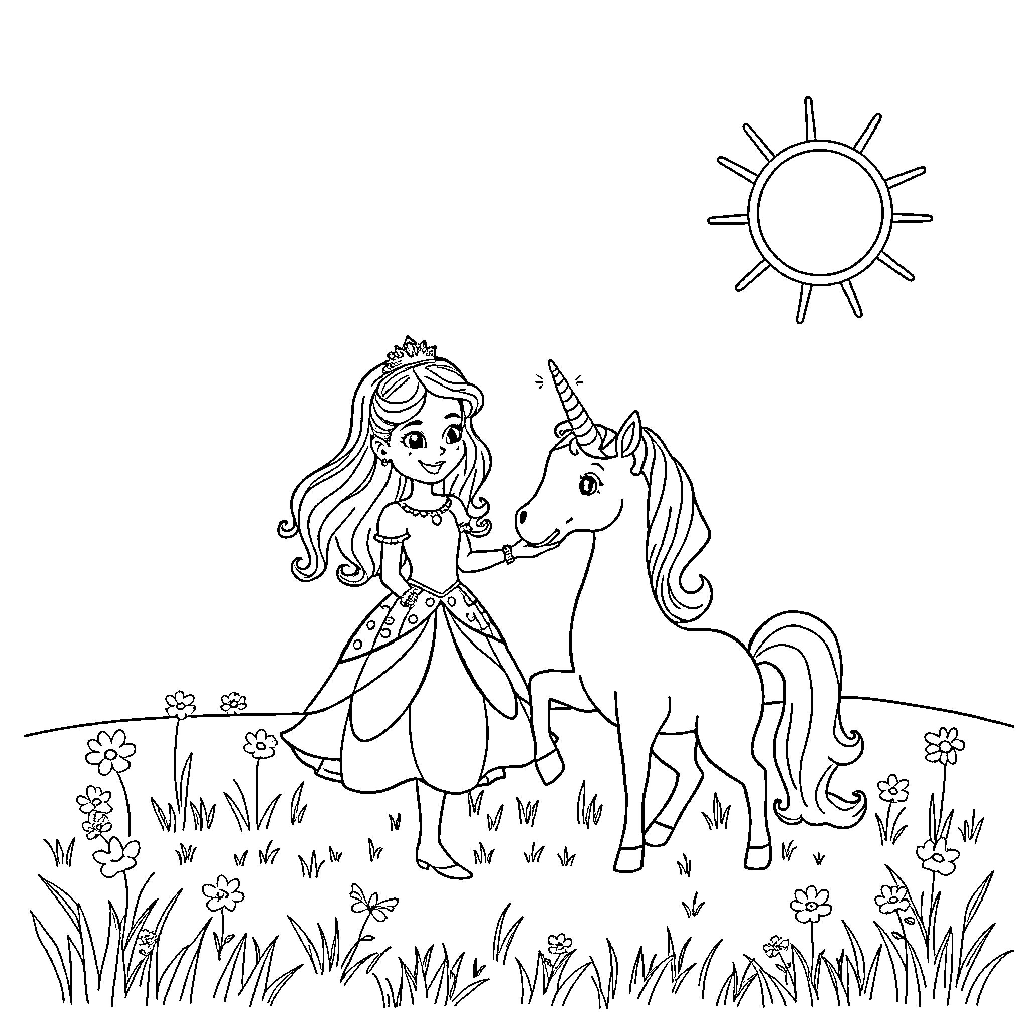 Princess playing with unicorn in enchanted meadow Coloring Page (free black-and-white line drawing printable PDF for all, from beginners to advanced learners, including children, teens, adults, and seniors)