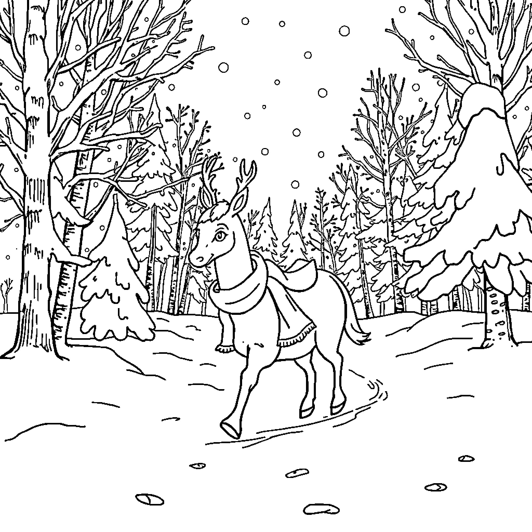 Reindeer pulling sleigh through snowy forest Coloring Page (free black-and-white line drawing printable PDF for all, from beginners to advanced learners, including children, teens, adults, and seniors)