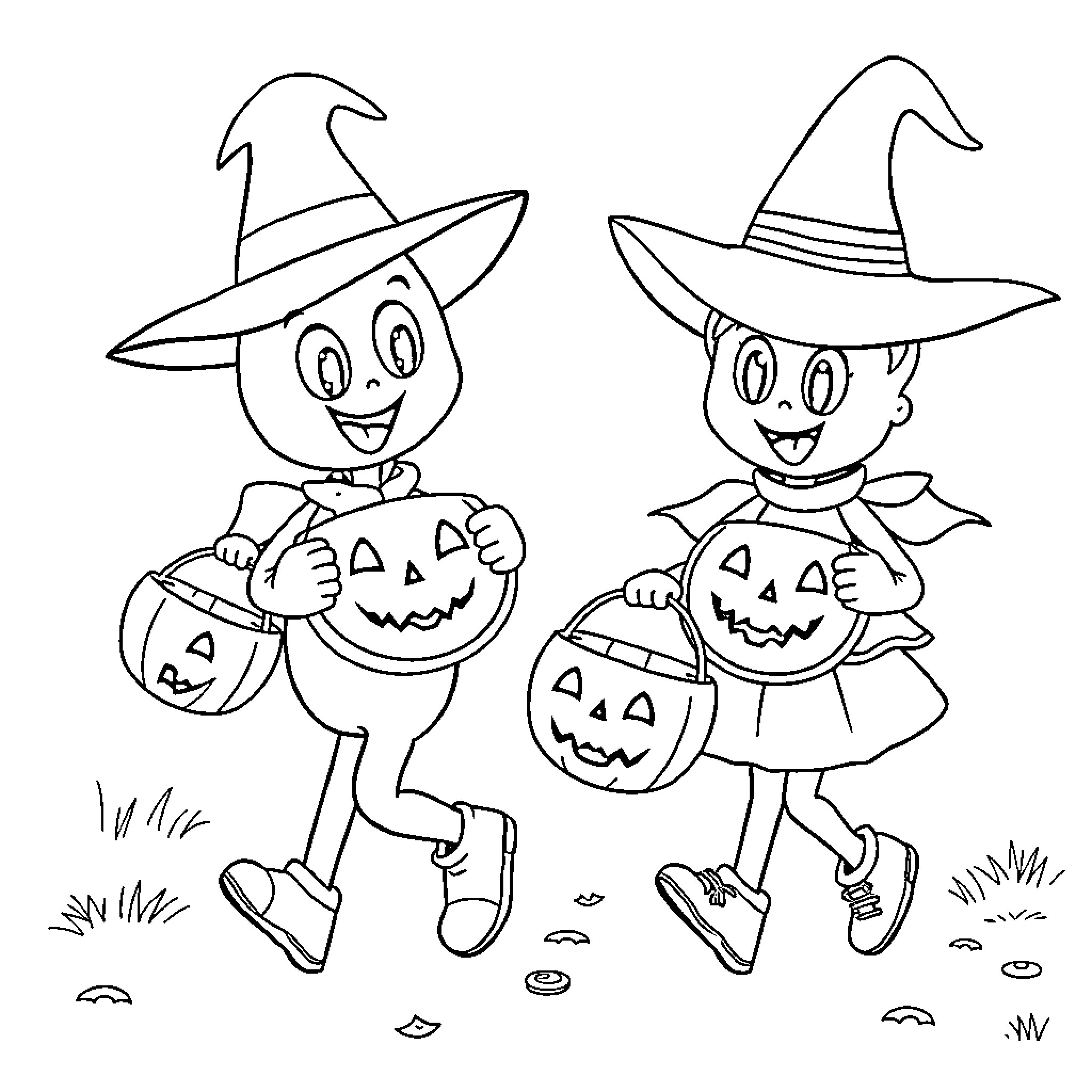 Bluey characters in Halloween costumes with pumpkin baskets Coloring Page (free black-and-white line drawing printable PDF for all, from beginners to advanced learners, including children, teens, adults, and seniors)