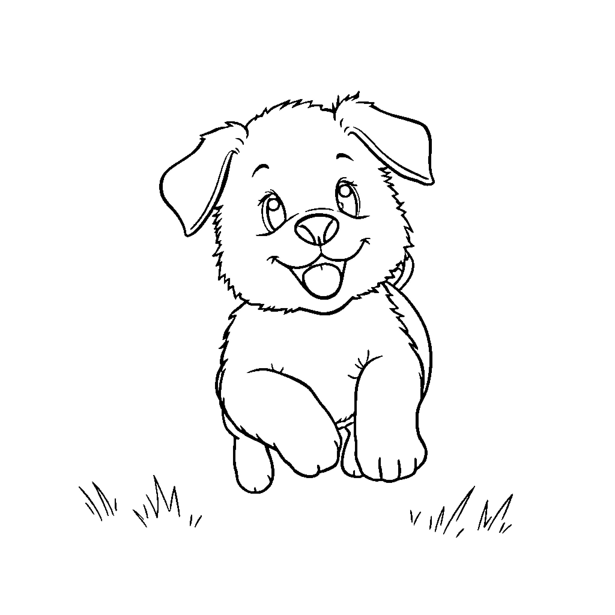 Dog happily sitting in the grass Coloring Page (free black-and-white line drawing printable PDF for all, from beginners to advanced learners, including children, teens, adults, and seniors)