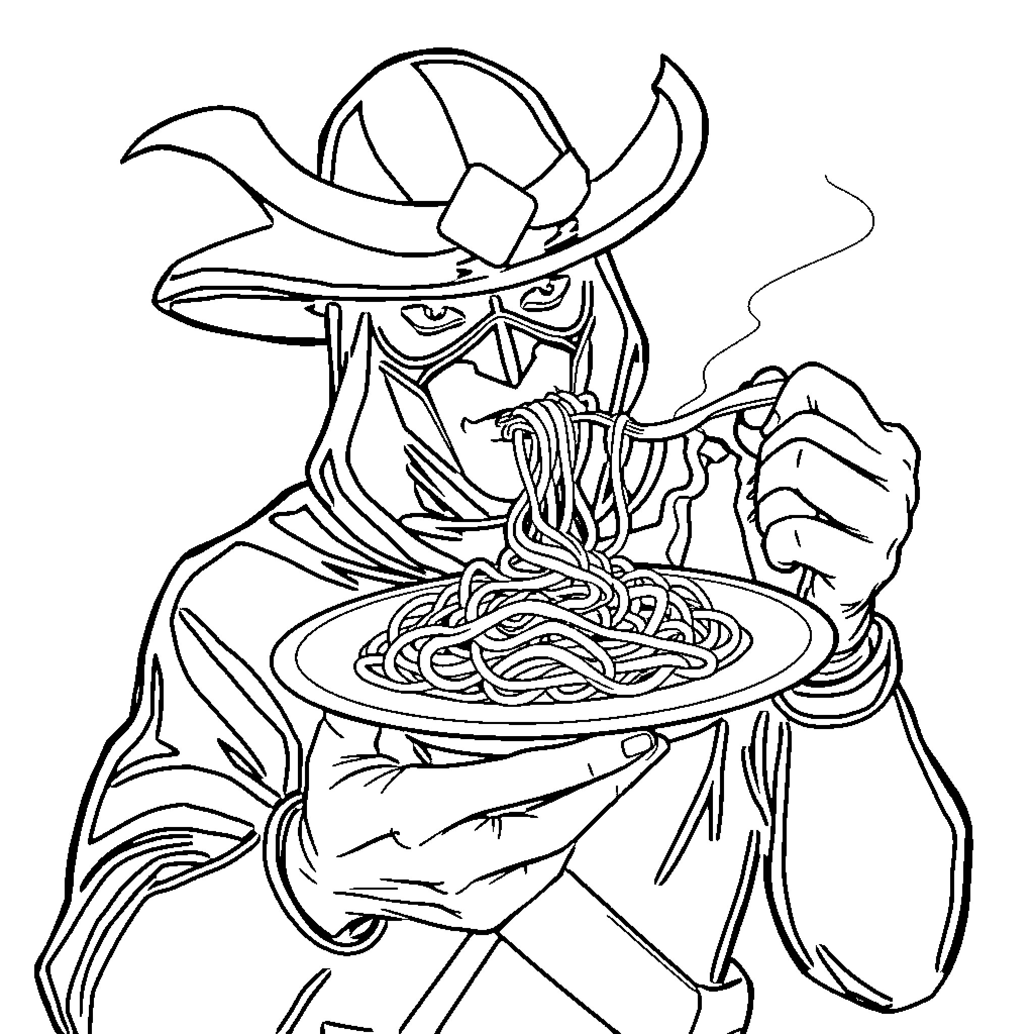 Zorro enjoying a hearty meal of spaghetti Coloring Page (free black-and-white line drawing printable PDF for all, from beginners to advanced learners, including children, teens, adults, and seniors)