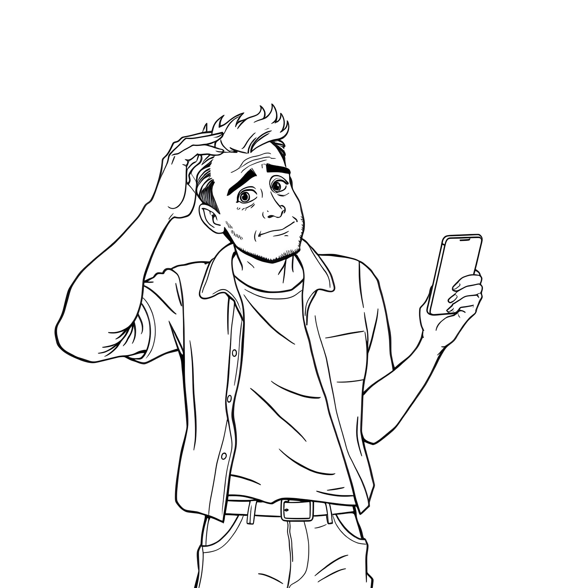 Man confused with smartphone Coloring Page (free black-and-white line drawing printable PDF for all, from beginners to advanced learners, including children, teens, adults, and seniors)