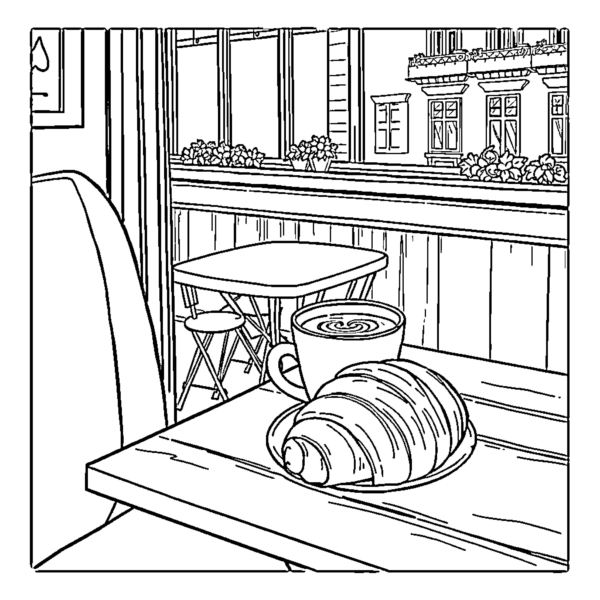 Pumpkin Spice Latte at the Cafe Counter Coloring Page (free black-and-white line drawing printable PDF for all, from beginners to advanced learners, including children, teens, adults, and seniors)