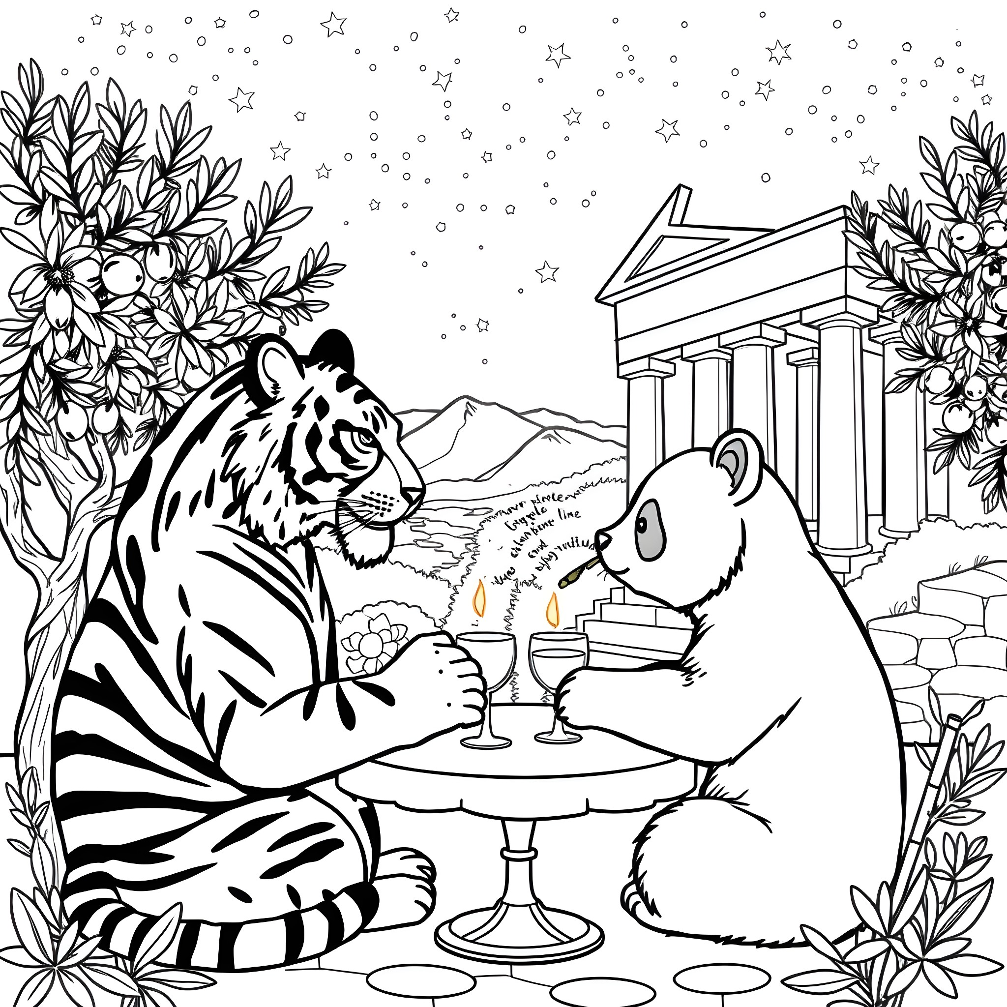 Tiger and Panda Enjoying Tea in the Garden Coloring Page (free black-and-white line drawing printable PDF for all, from beginners to advanced learners, including children, teens, adults, and seniors)