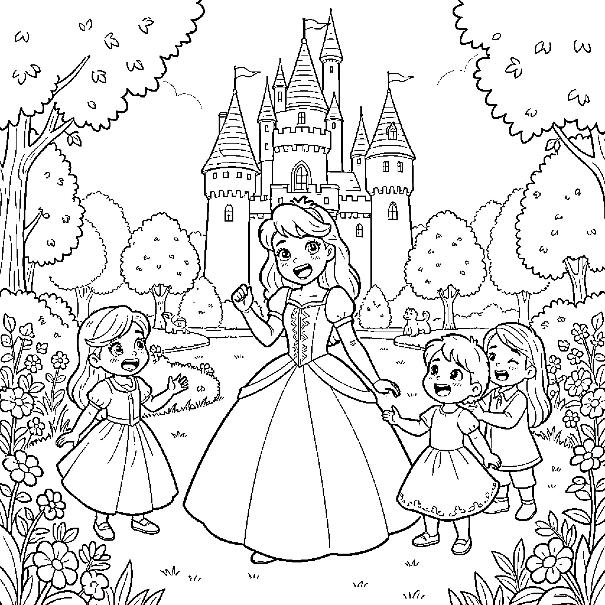 Princesse Aurore dancing with children in front of a castle Coloring Page (free black-and-white line drawing printable PDF for all, from beginners to advanced learners, including children, teens, adults, and seniors)