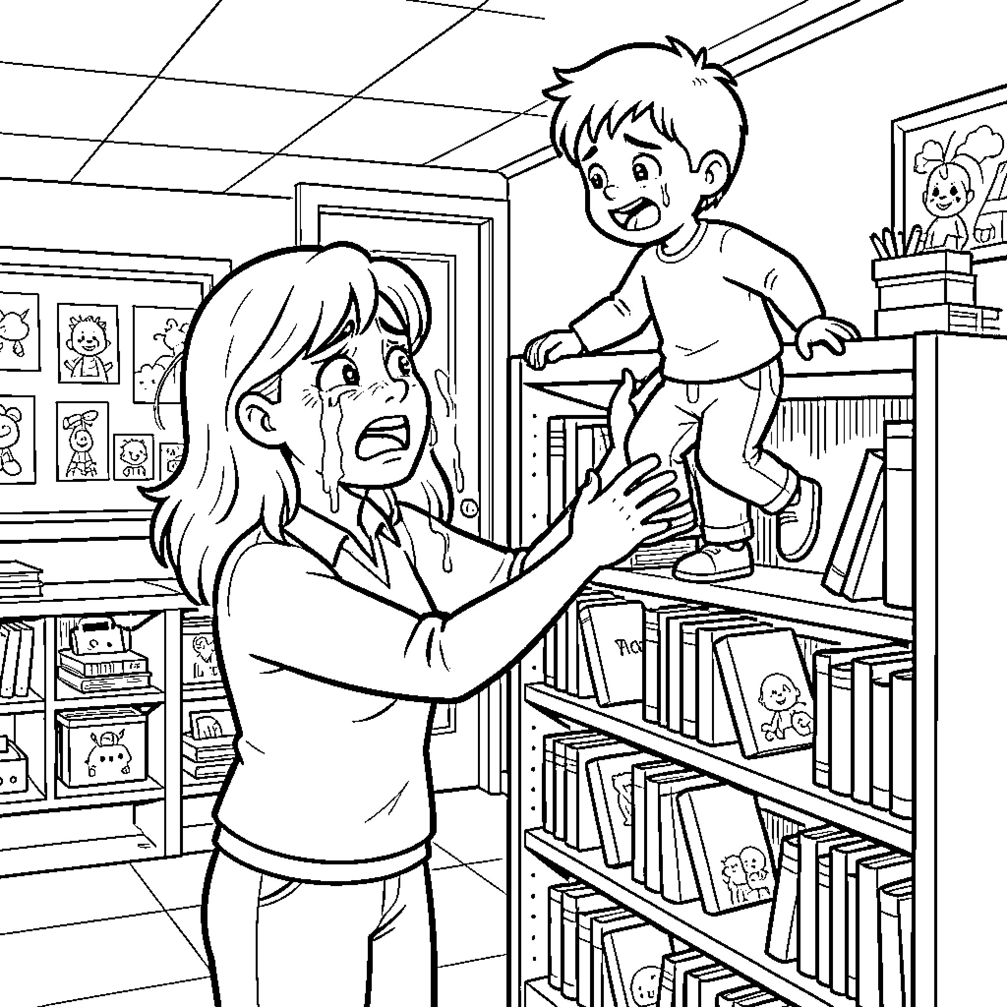Teacher looking worried while a student climbs bookshelves Coloring Page (free black-and-white line drawing printable PDF for all, from beginners to advanced learners, including children, teens, adults, and seniors)