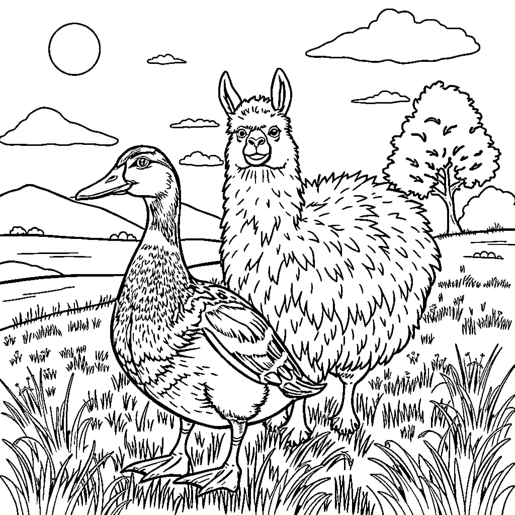 Duck and Llama Enjoying Scenic Landscape Coloring Page (free black-and-white line drawing printable PDF for all, from beginners to advanced learners, including children, teens, adults, and seniors)