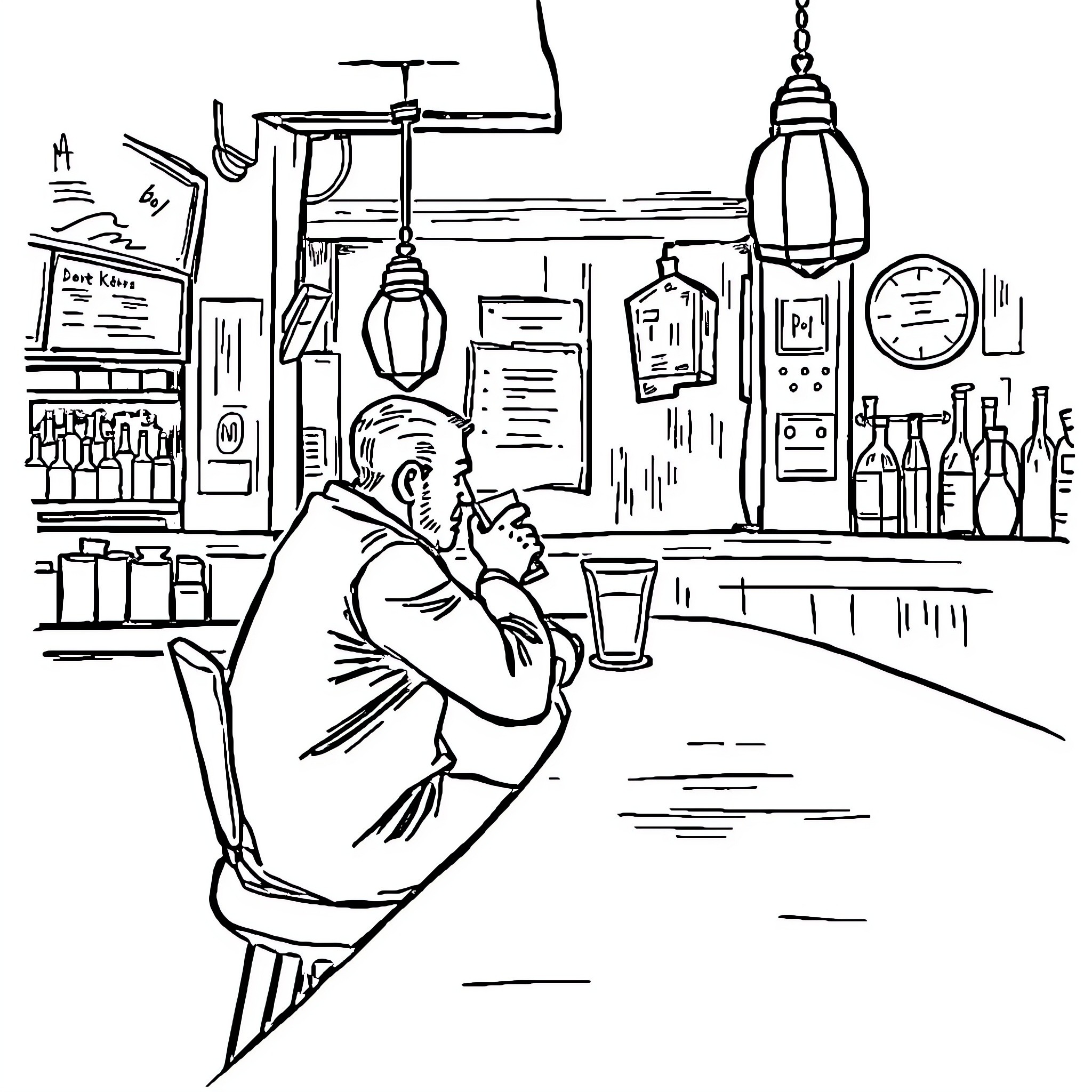 Man sitting alone in a cafe interior Coloring Page (free black-and-white line drawing printable PDF for all, from beginners to advanced learners, including children, teens, adults, and seniors)