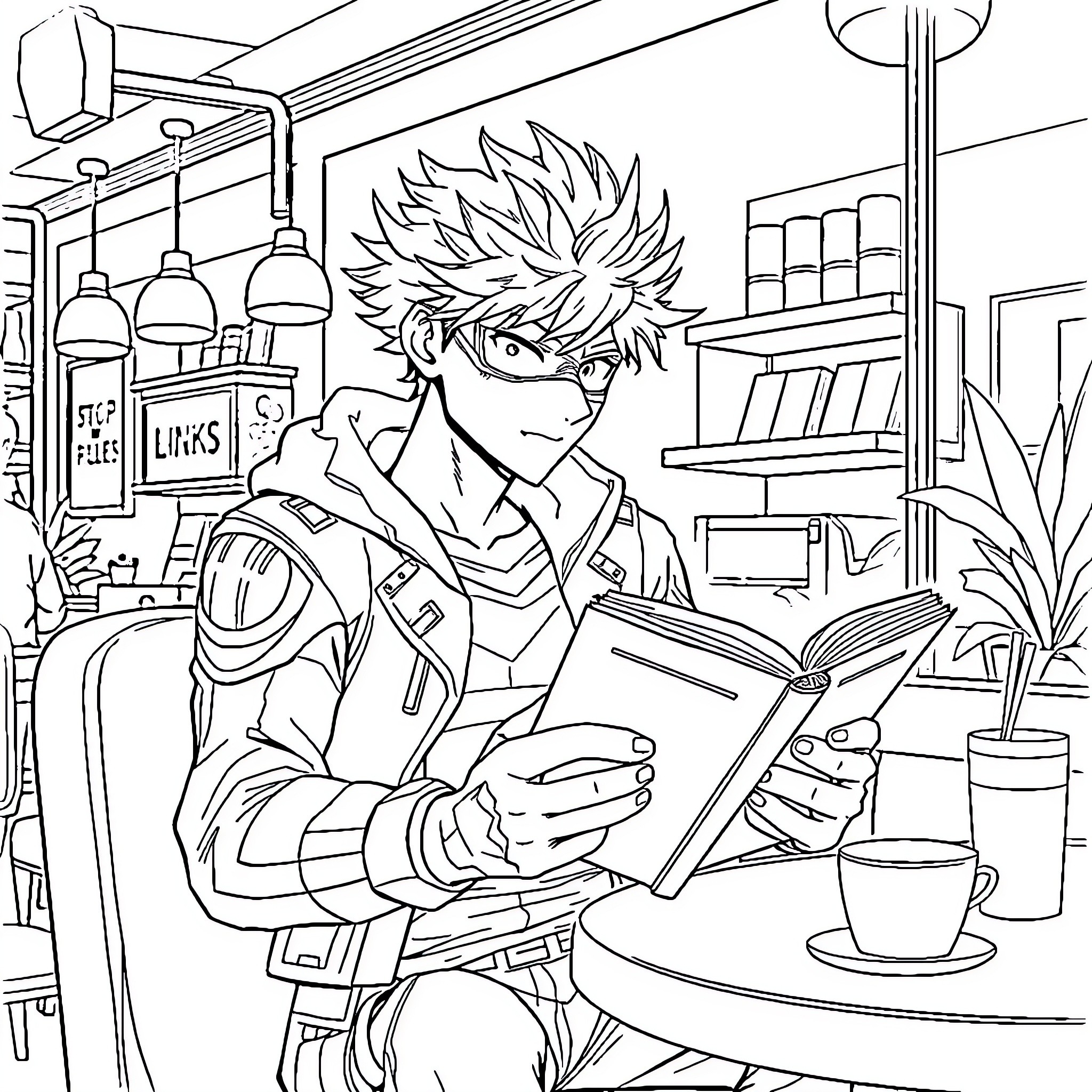 Hawks studying intently in a cozy cafe Coloring Page (free black-and-white line drawing printable PDF for all, from beginners to advanced learners, including children, teens, adults, and seniors)