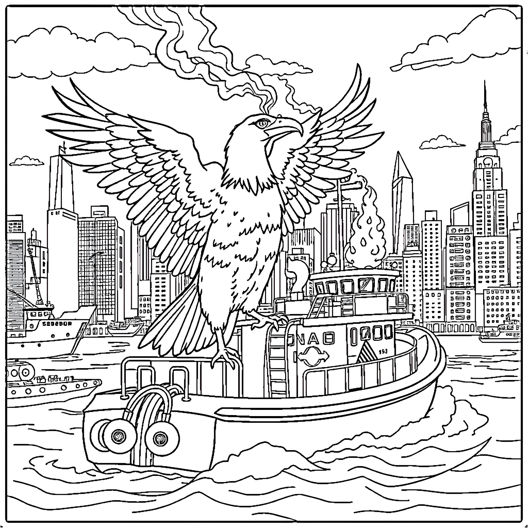 Bird soaring above the bustling city skyline Coloring Page (free black-and-white line drawing printable PDF for all, from beginners to advanced learners, including children, teens, adults, and seniors)