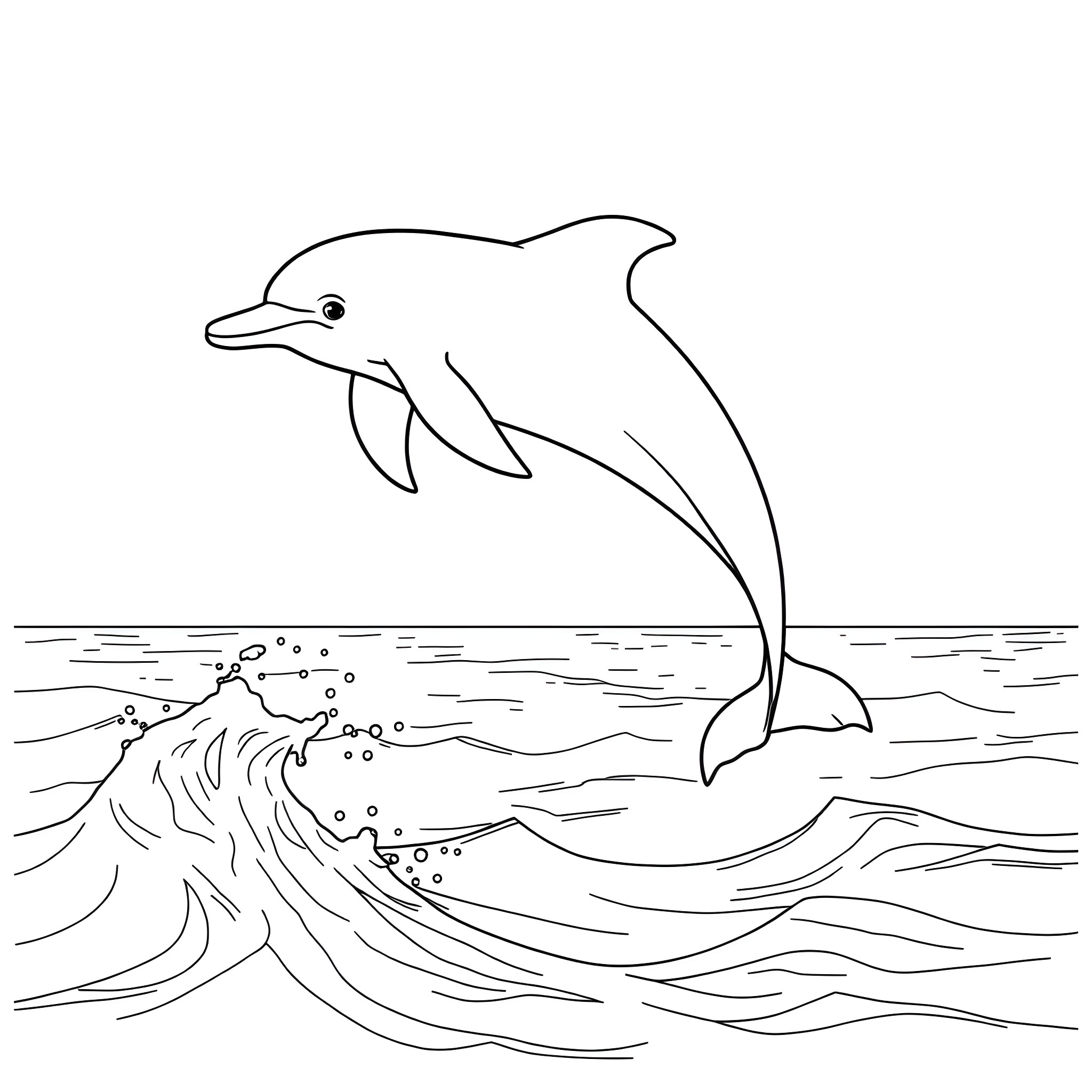 Dolphin jumping over ocean waves Coloring Page (free black-and-white line drawing printable PDF for all, from beginners to advanced learners, including children, teens, adults, and seniors)