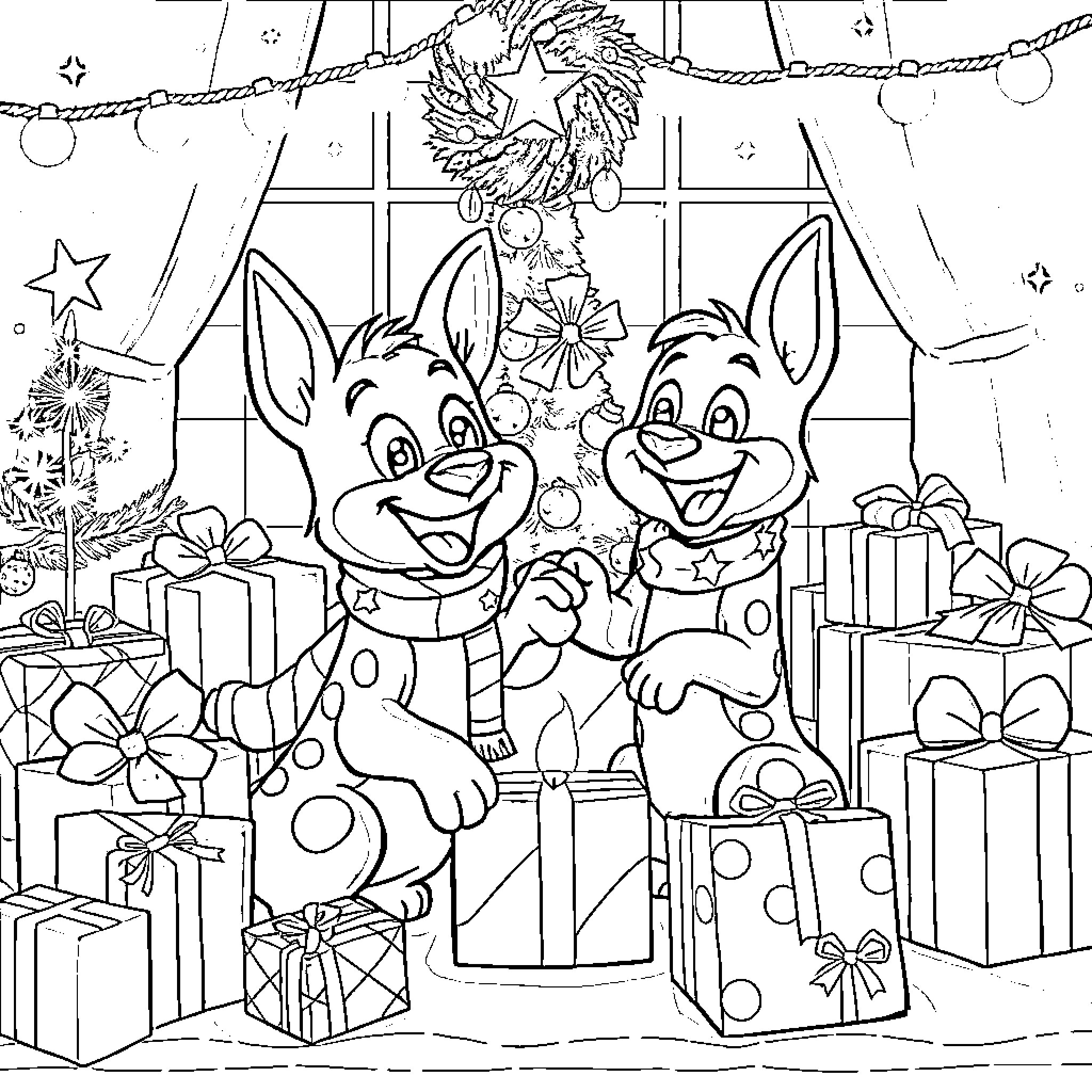 Bluey's Christmas Joy with Bunnies and Presents Coloring Page (free black-and-white line drawing printable PDF for all, from beginners to advanced learners, including children, teens, adults, and seniors)