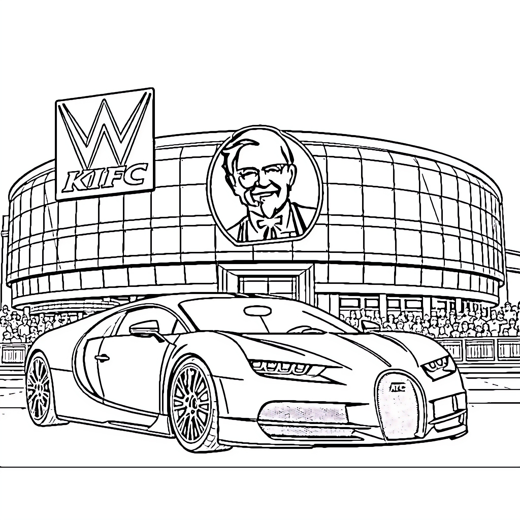 Car parked in front of fast food restaurant Coloring Page (free black-and-white line drawing printable PDF for all, from beginners to advanced learners, including children, teens, adults, and seniors)
