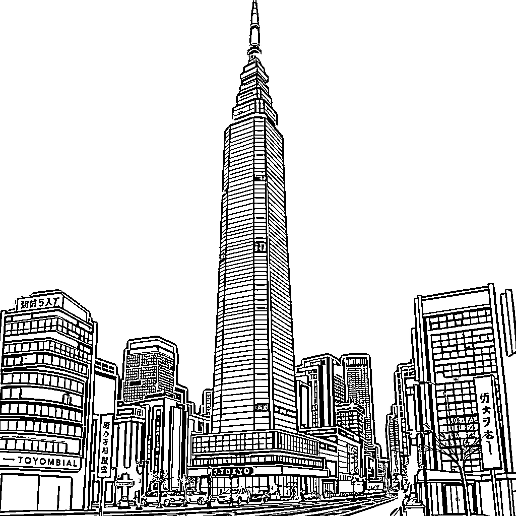 Hotel overlooking modern metropolitan skyline Coloring Page (free black-and-white line drawing printable PDF for all, from beginners to advanced learners, including children, teens, adults, and seniors)