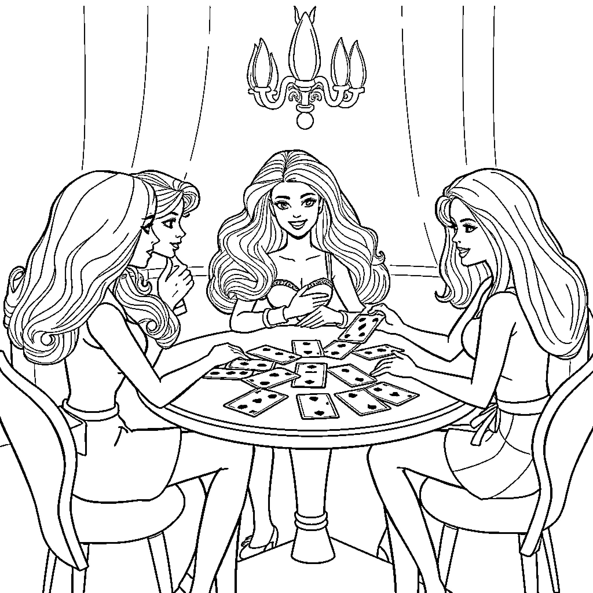 Barbie Dolls Playing Card Game in Elegant Setting Coloring Page (free black-and-white line drawing printable PDF for all, from beginners to advanced learners, including children, teens, adults, and seniors)