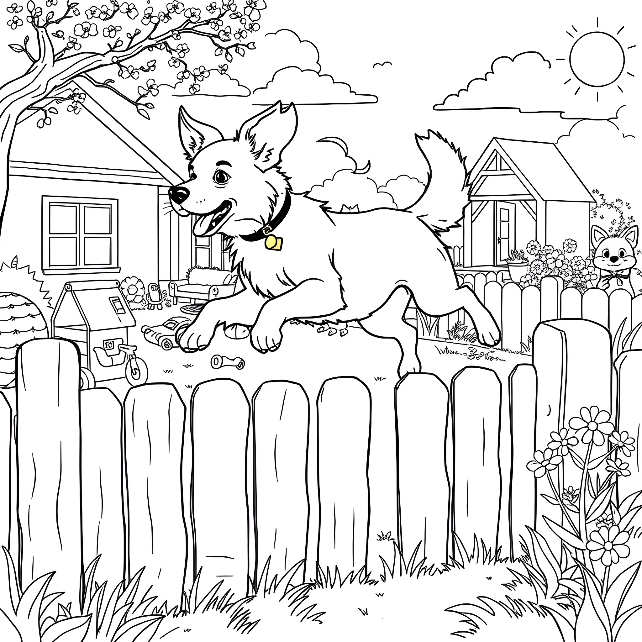 Dog playing happily in the backyard Coloring Page (free black-and-white line drawing printable PDF for all, from beginners to advanced learners, including children, teens, adults, and seniors)