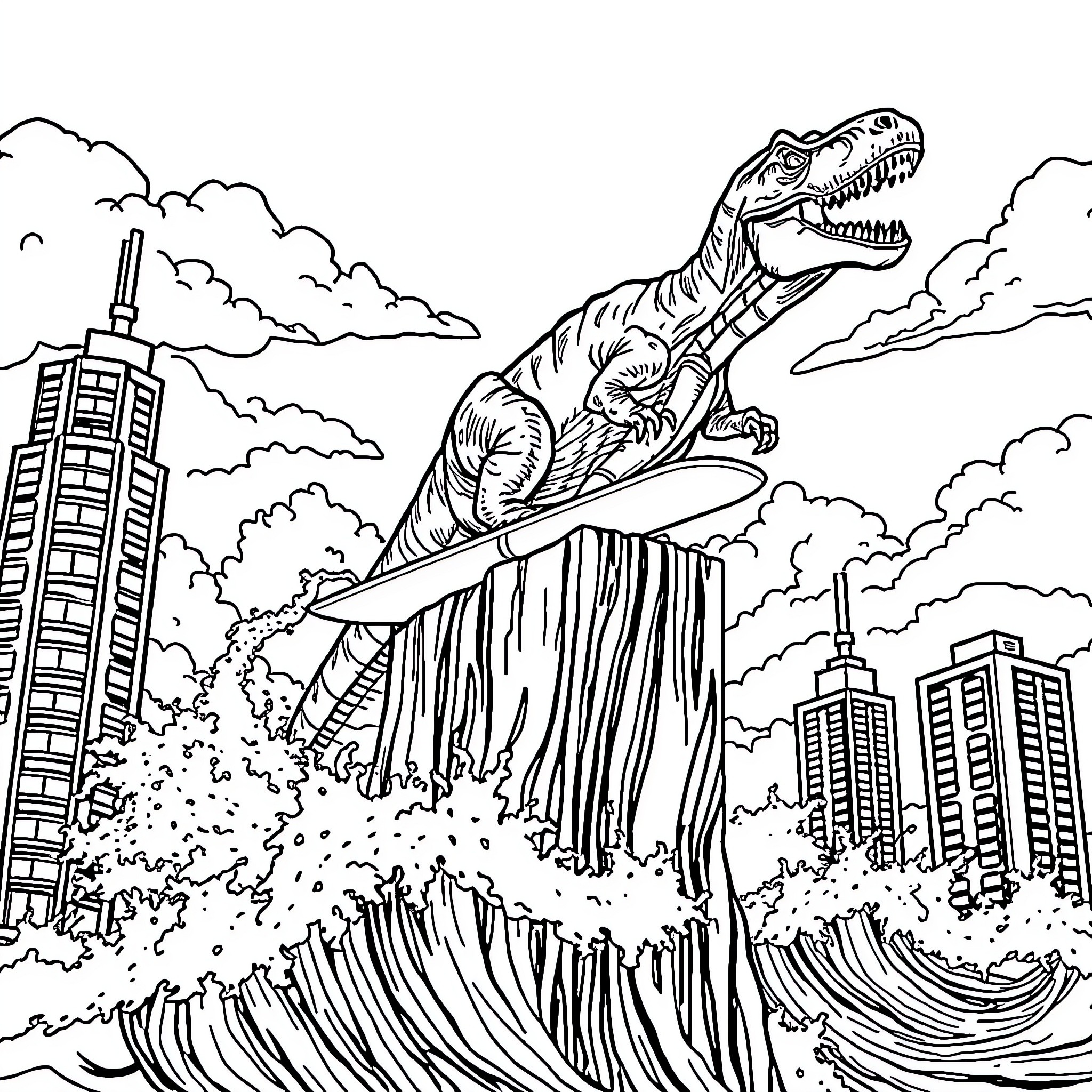 Dinosaur rampages through city skyline Coloring Page (free black-and-white line drawing printable PDF for all, from beginners to advanced learners, including children, teens, adults, and seniors)