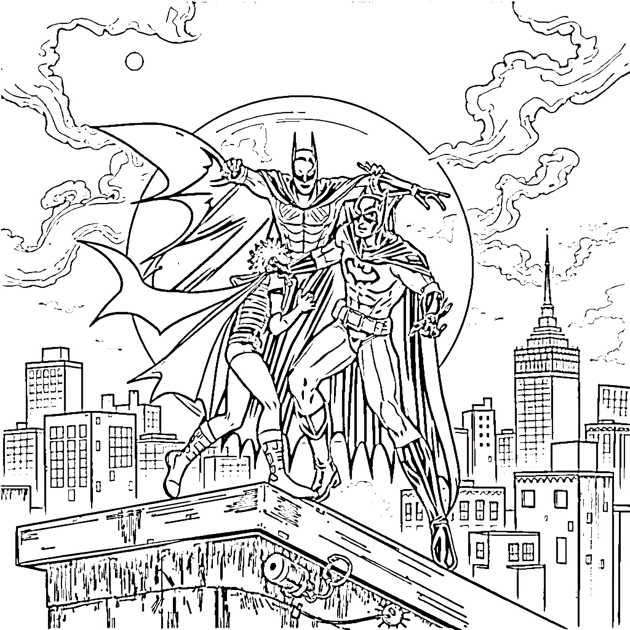 Robin Soars over the Cityscape in Action Coloring Page (free black-and-white line drawing printable PDF for all, from beginners to advanced learners, including children, teens, adults, and seniors)