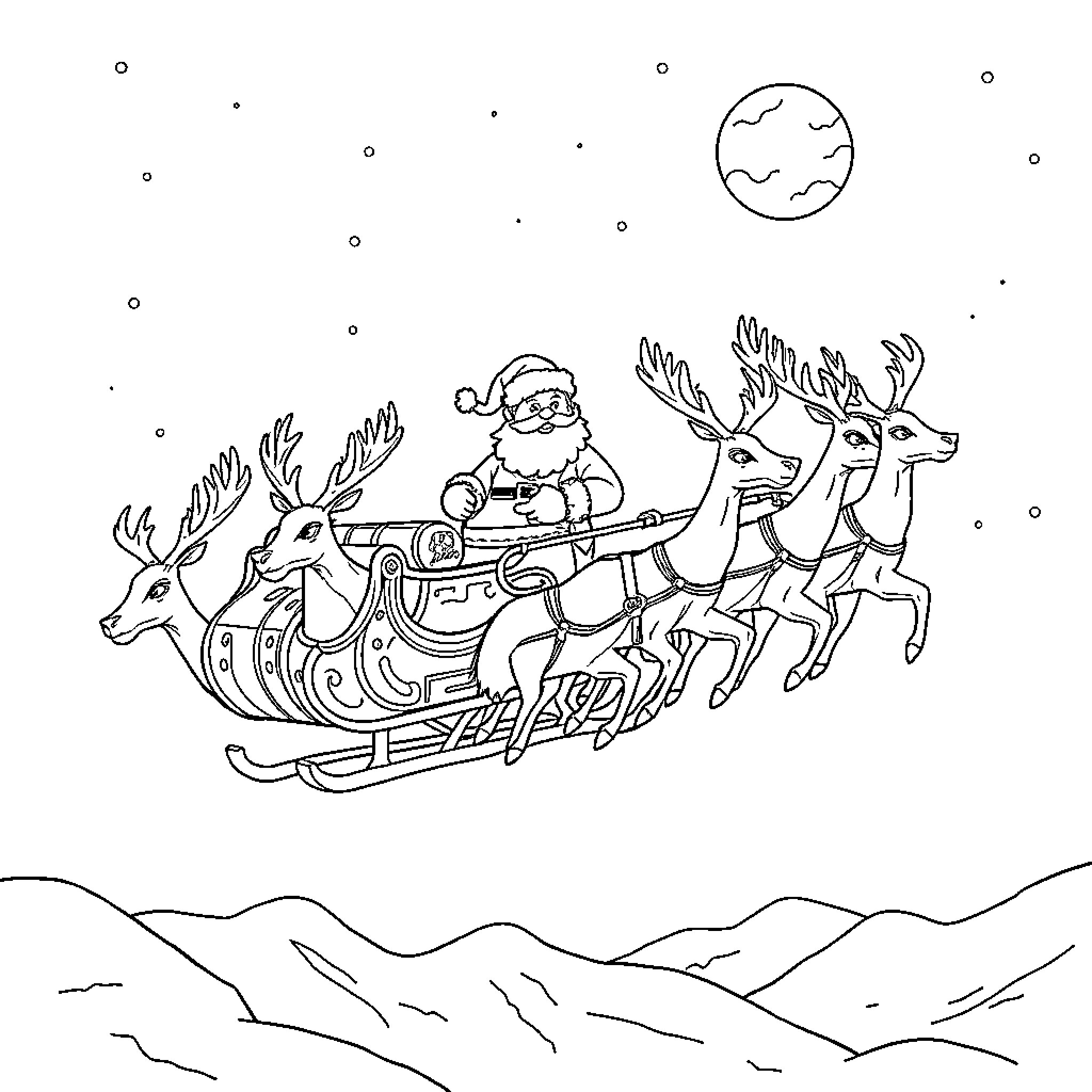 Santa riding his sleigh pulled by reindeer in the night sky Coloring Page (free black-and-white line drawing printable PDF for all, from beginners to advanced learners, including children, teens, adults, and seniors)
