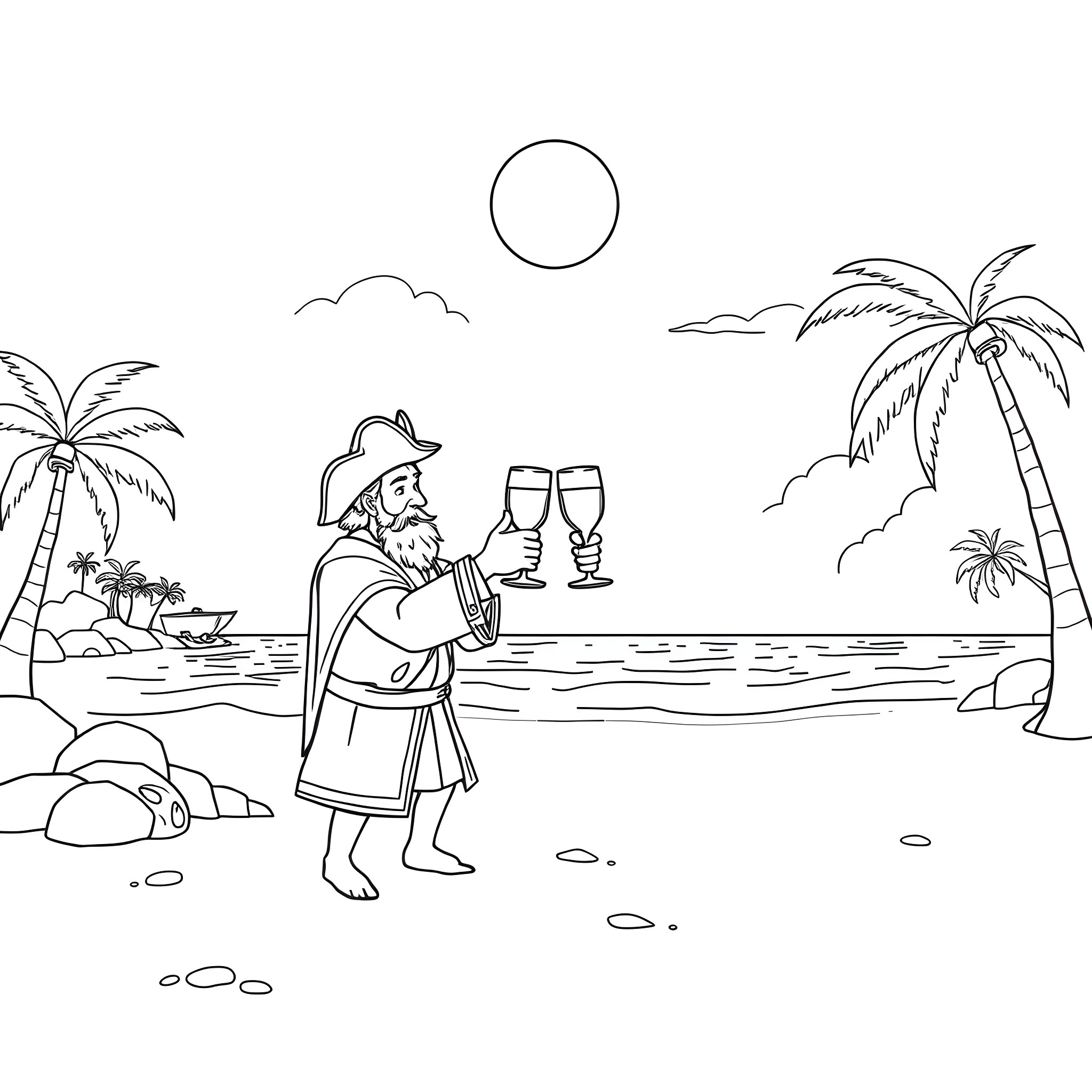 Magellan enjoying a tropical coastal scene Coloring Page (free black-and-white line drawing printable PDF for all, from beginners to advanced learners, including children, teens, adults, and seniors)