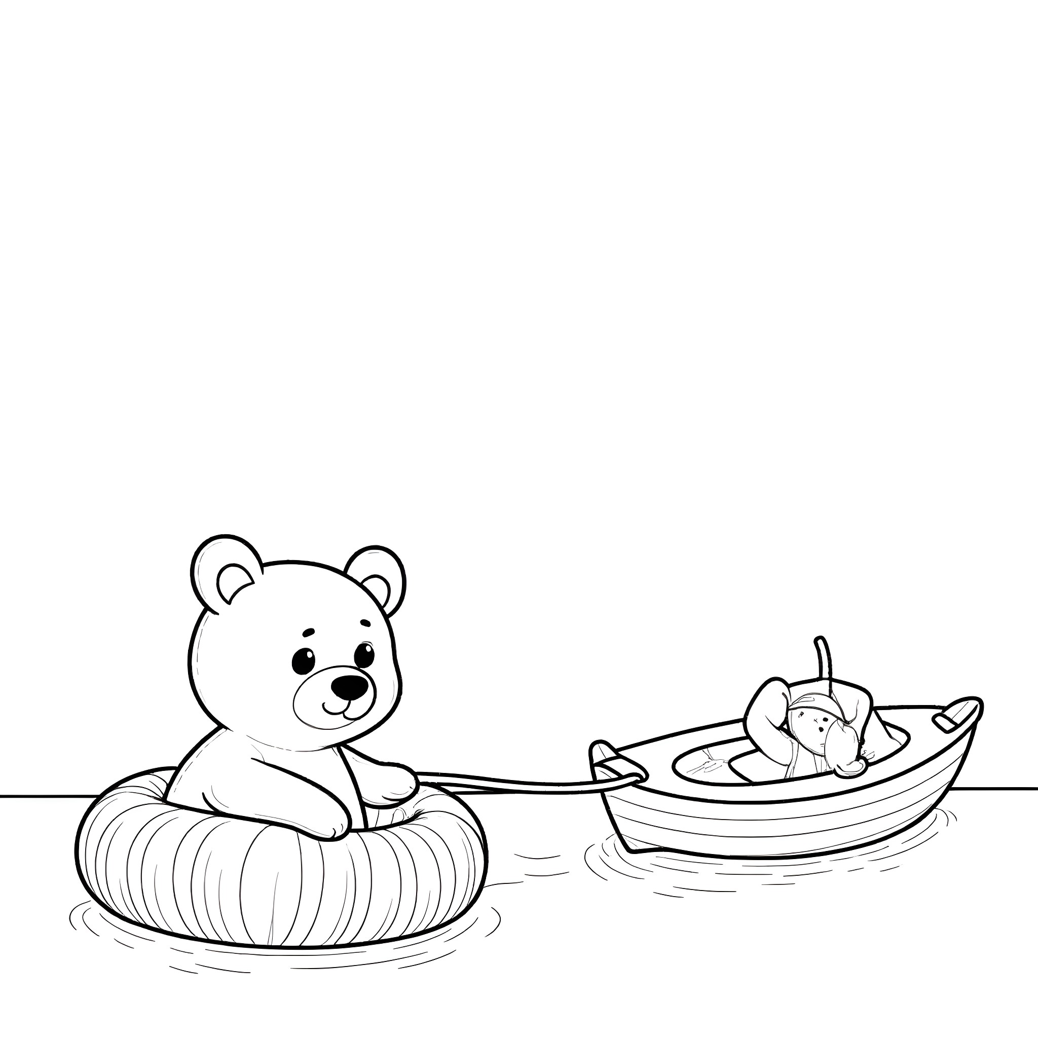 Bear relaxing in an inner tube with toys Coloring Page (free black-and-white line drawing printable PDF for all, from beginners to advanced learners, including children, teens, adults, and seniors)