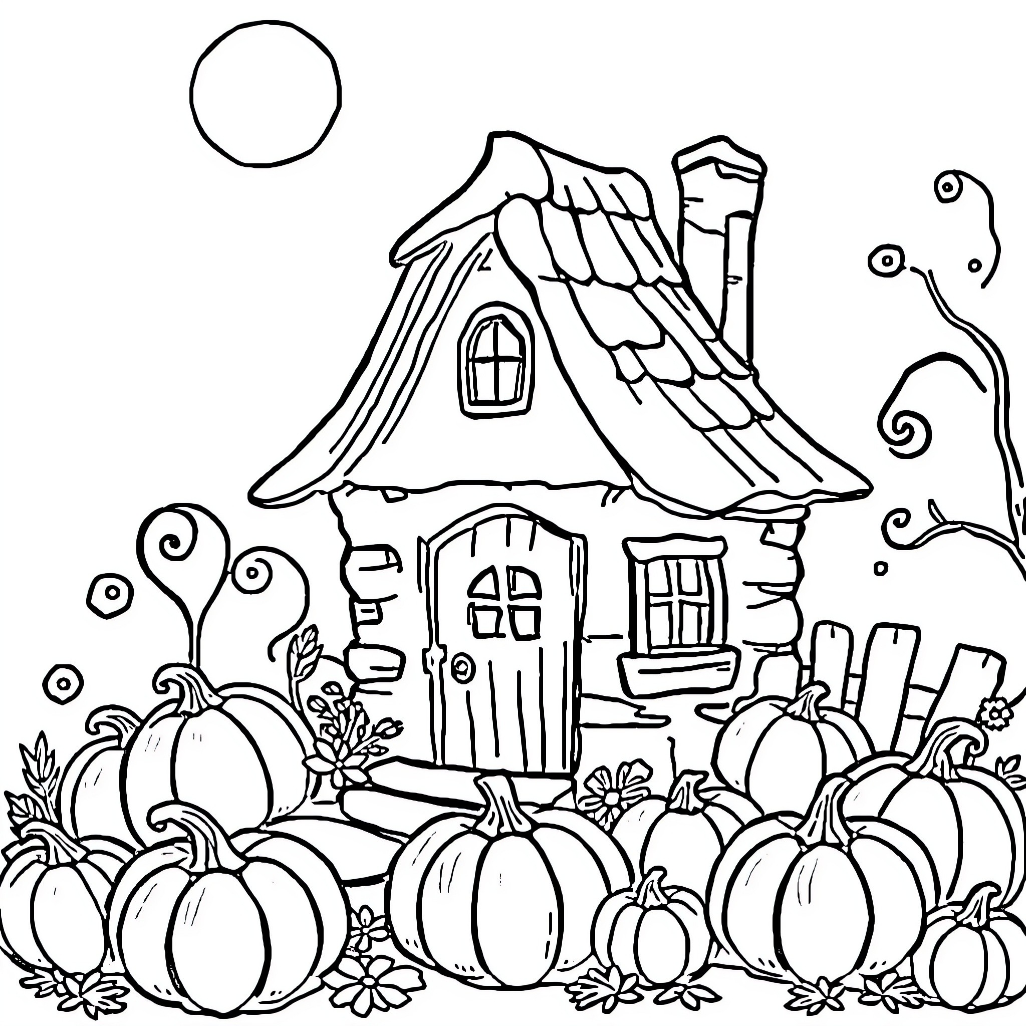 Cottage with pumpkins in a whimsical scene Coloring Page (free black-and-white line drawing printable PDF for all, from beginners to advanced learners, including children, teens, adults, and seniors)