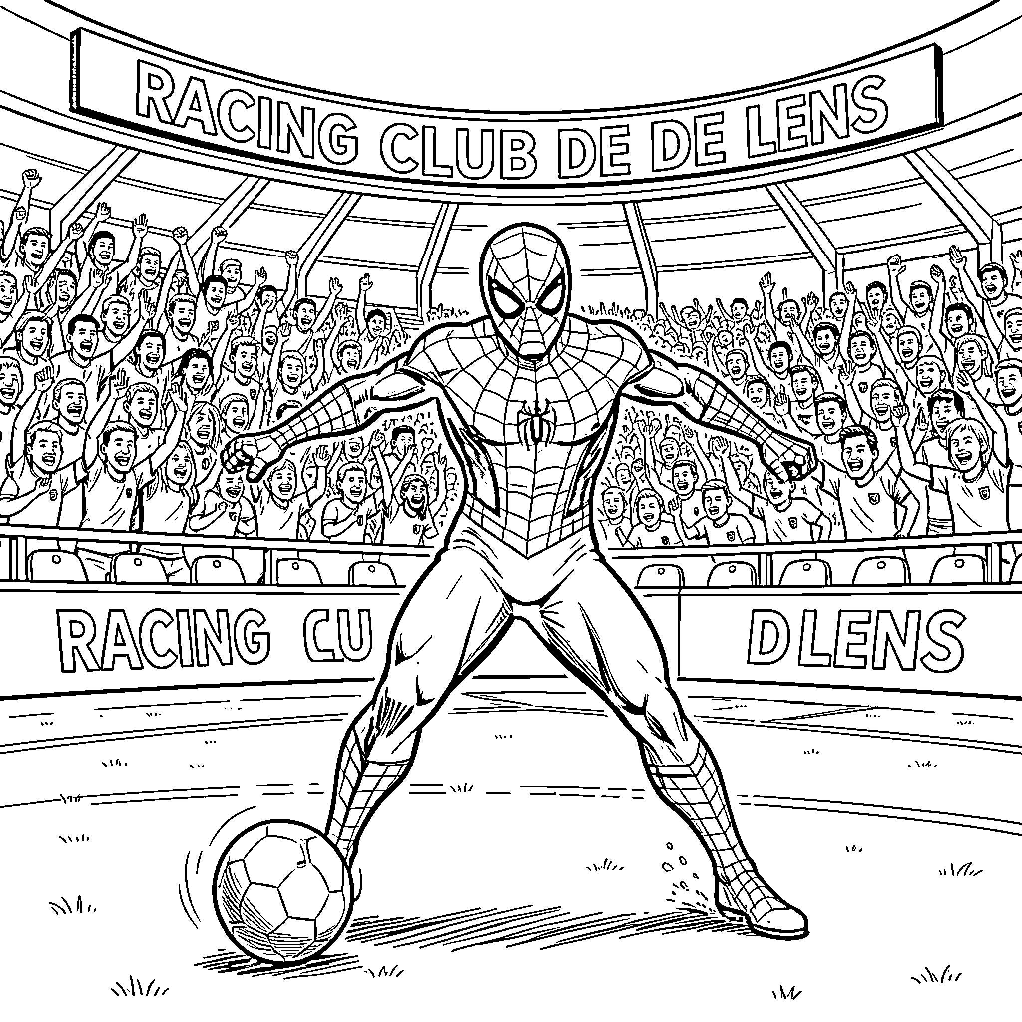 Spider-Man playing soccer in a crowded stadium Coloring Page (free black-and-white line drawing printable PDF for all, from beginners to advanced learners, including children, teens, adults, and seniors)
