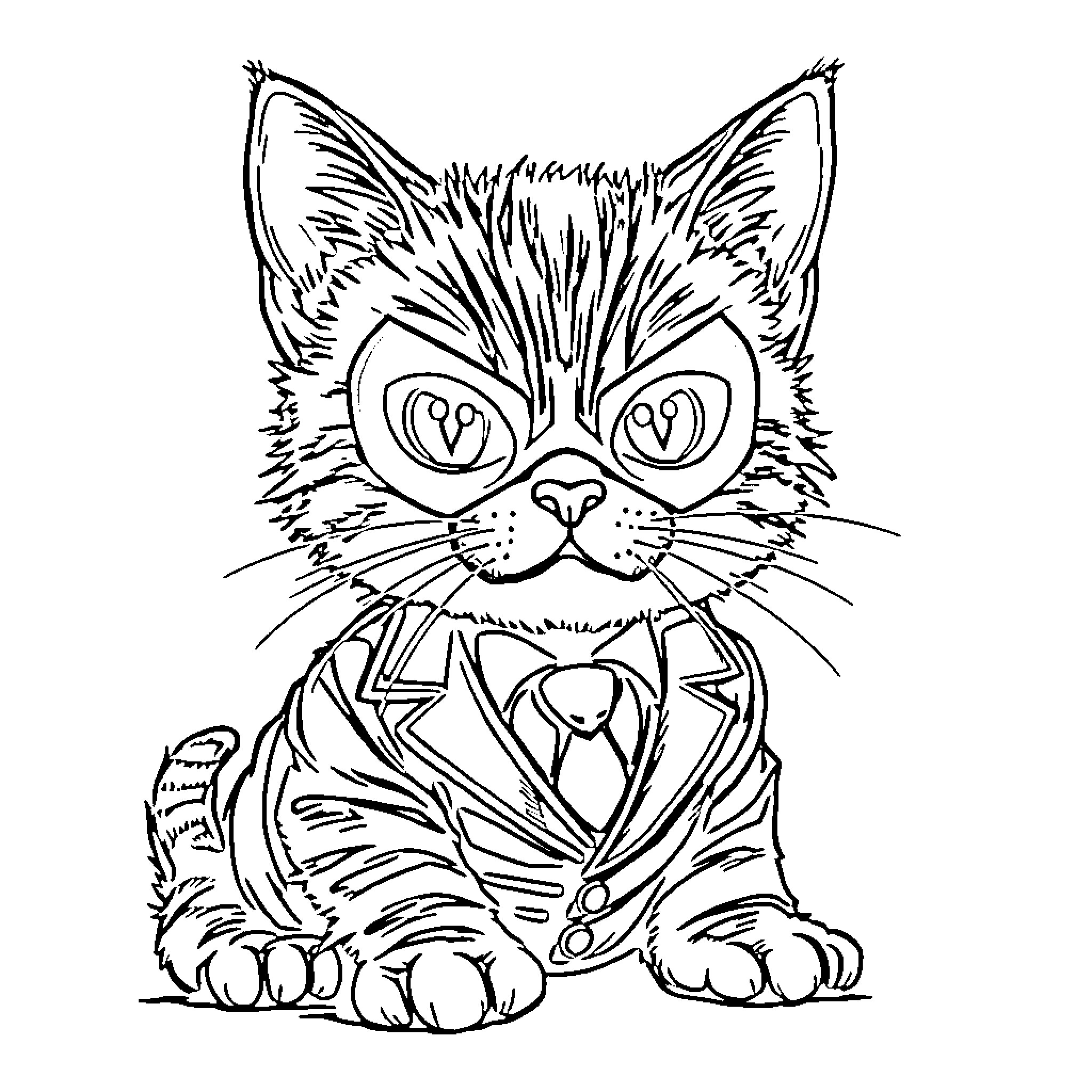 Tabby Cat in Spooky Costume Coloring Page (free black-and-white line drawing printable PDF for all, from beginners to advanced learners, including children, teens, adults, and seniors)