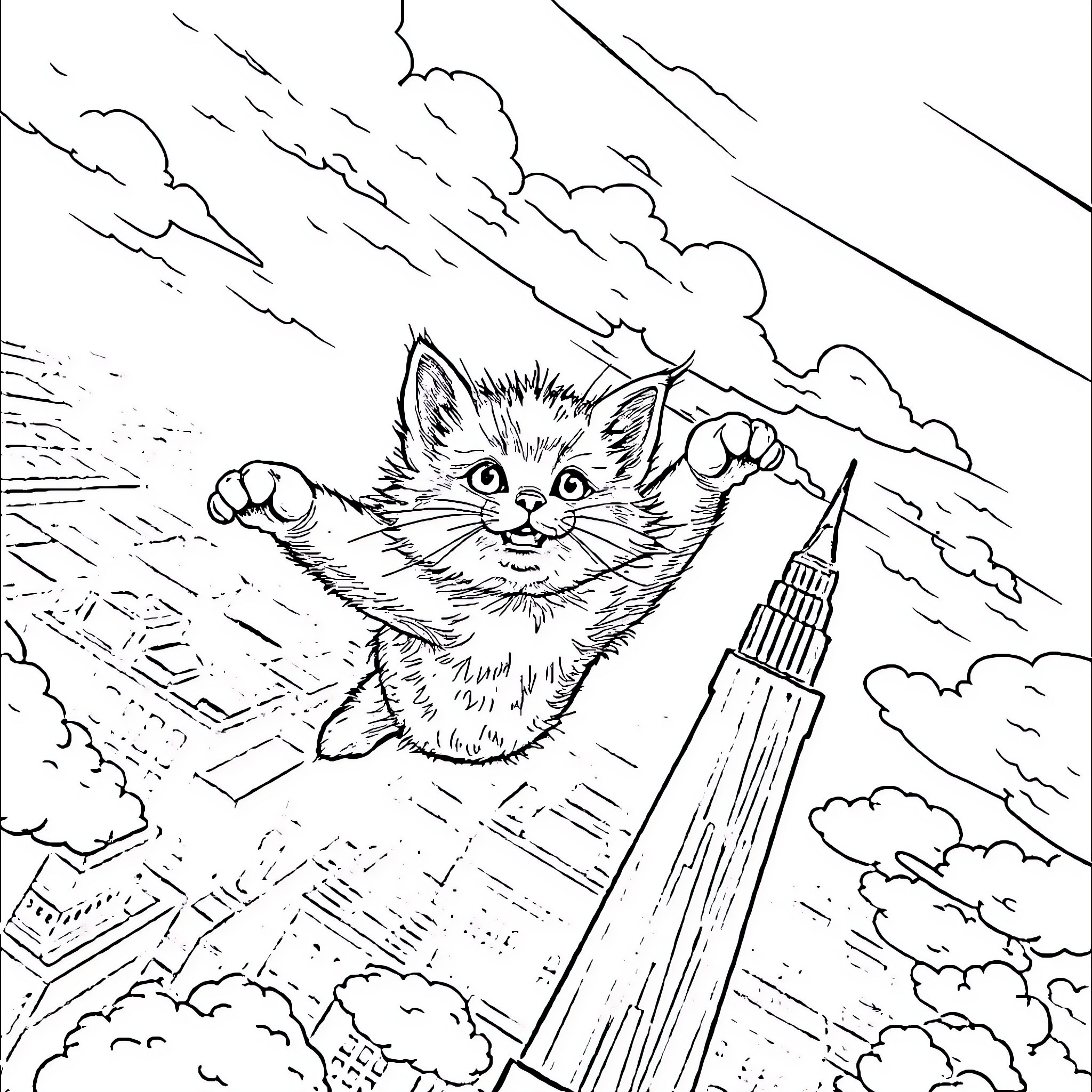 Kitten soaring above the city Coloring Page (free black-and-white line drawing printable PDF for all, from beginners to advanced learners, including children, teens, adults, and seniors)
