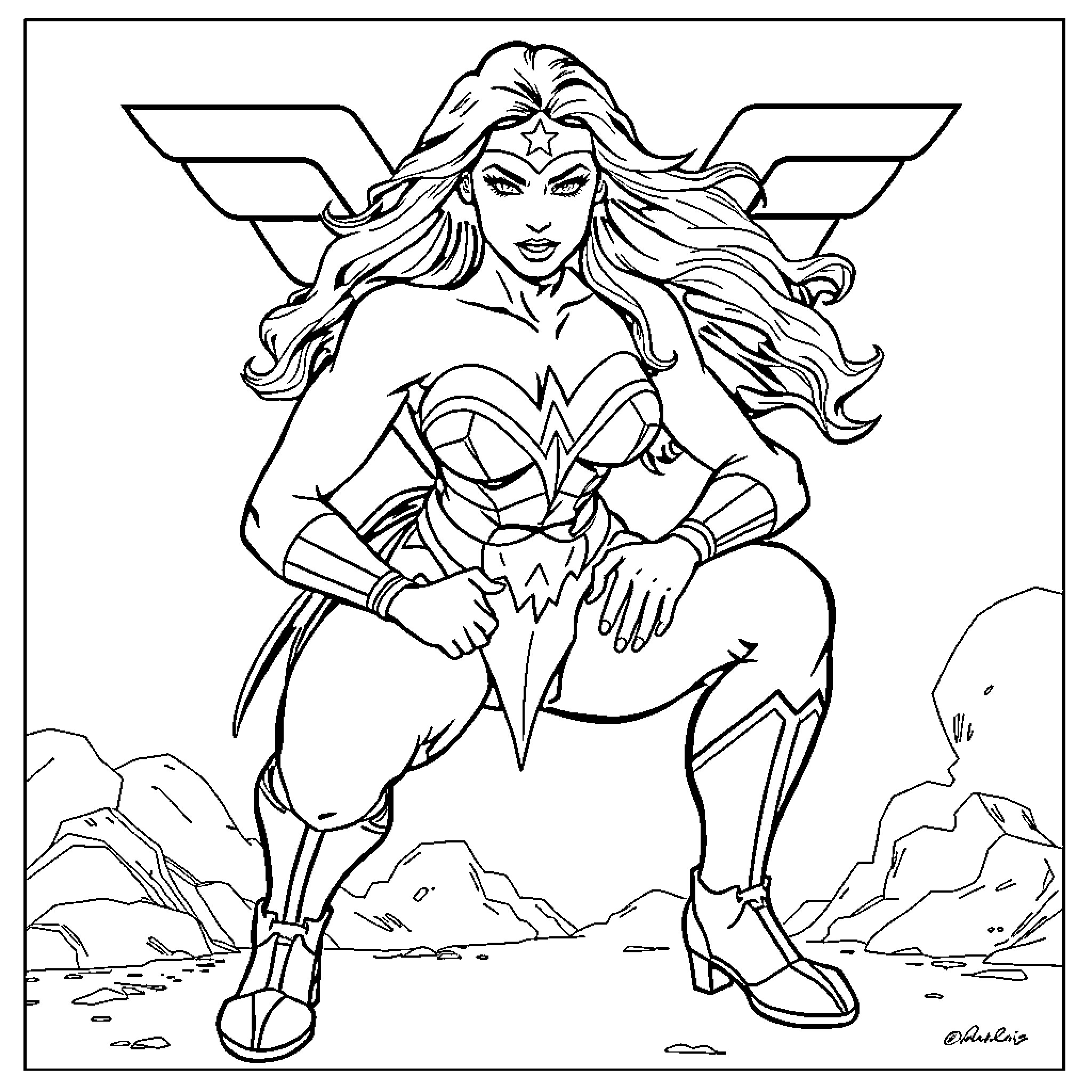 Wonder Woman posing heroically in her iconic costume Coloring Page (free black-and-white line drawing printable PDF for all, from beginners to advanced learners, including children, teens, adults, and seniors)