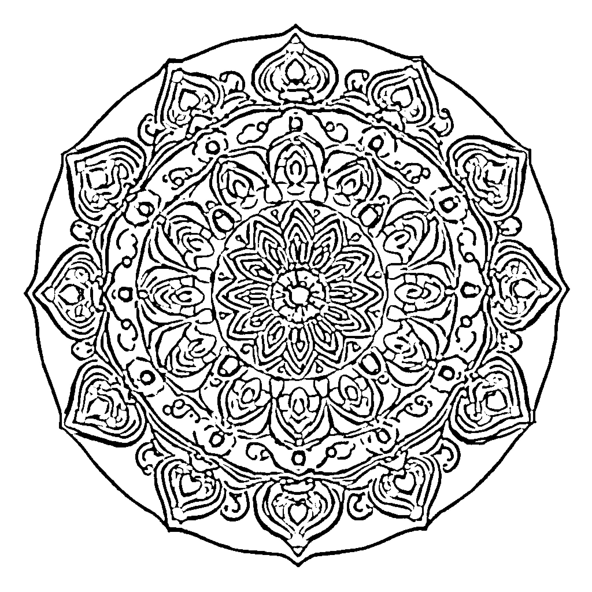 Mandala of intricate floral patterns and symmetry Coloring Page (free black-and-white line drawing printable PDF for all, from beginners to advanced learners, including children, teens, adults, and seniors)