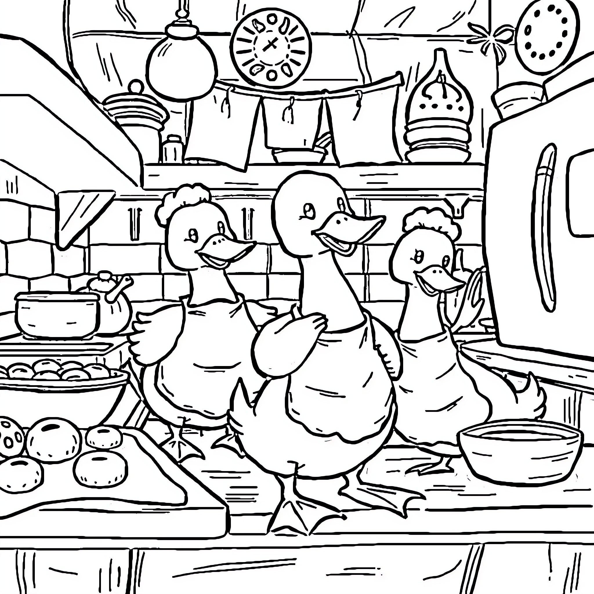 Ducks Cooking in the Kitchen Coloring Page (free black-and-white line drawing printable PDF for all, from beginners to advanced learners, including children, teens, adults, and seniors)