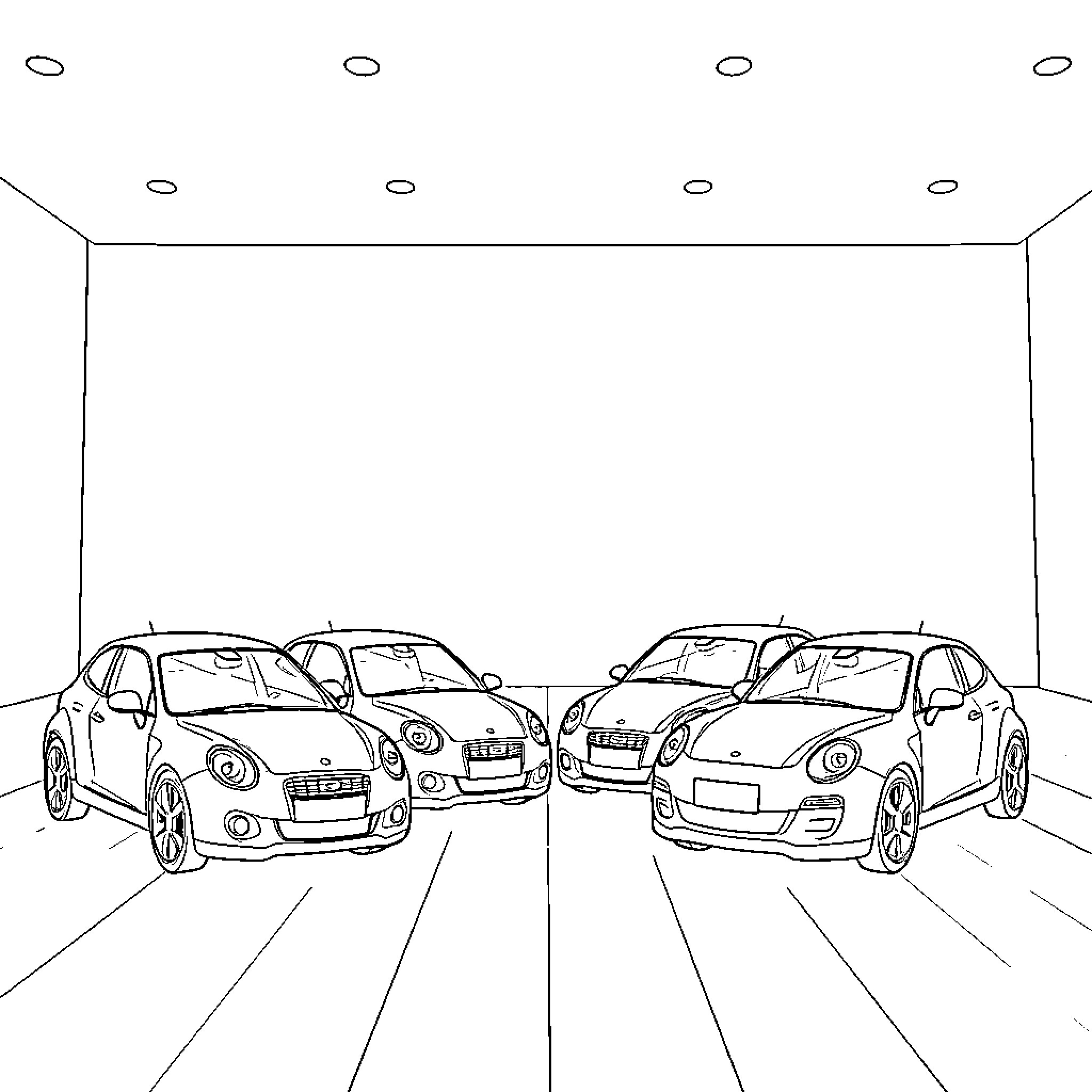 Cars parked in garage interior Coloring Page (free black-and-white line drawing printable PDF for all, from beginners to advanced learners, including children, teens, adults, and seniors)
