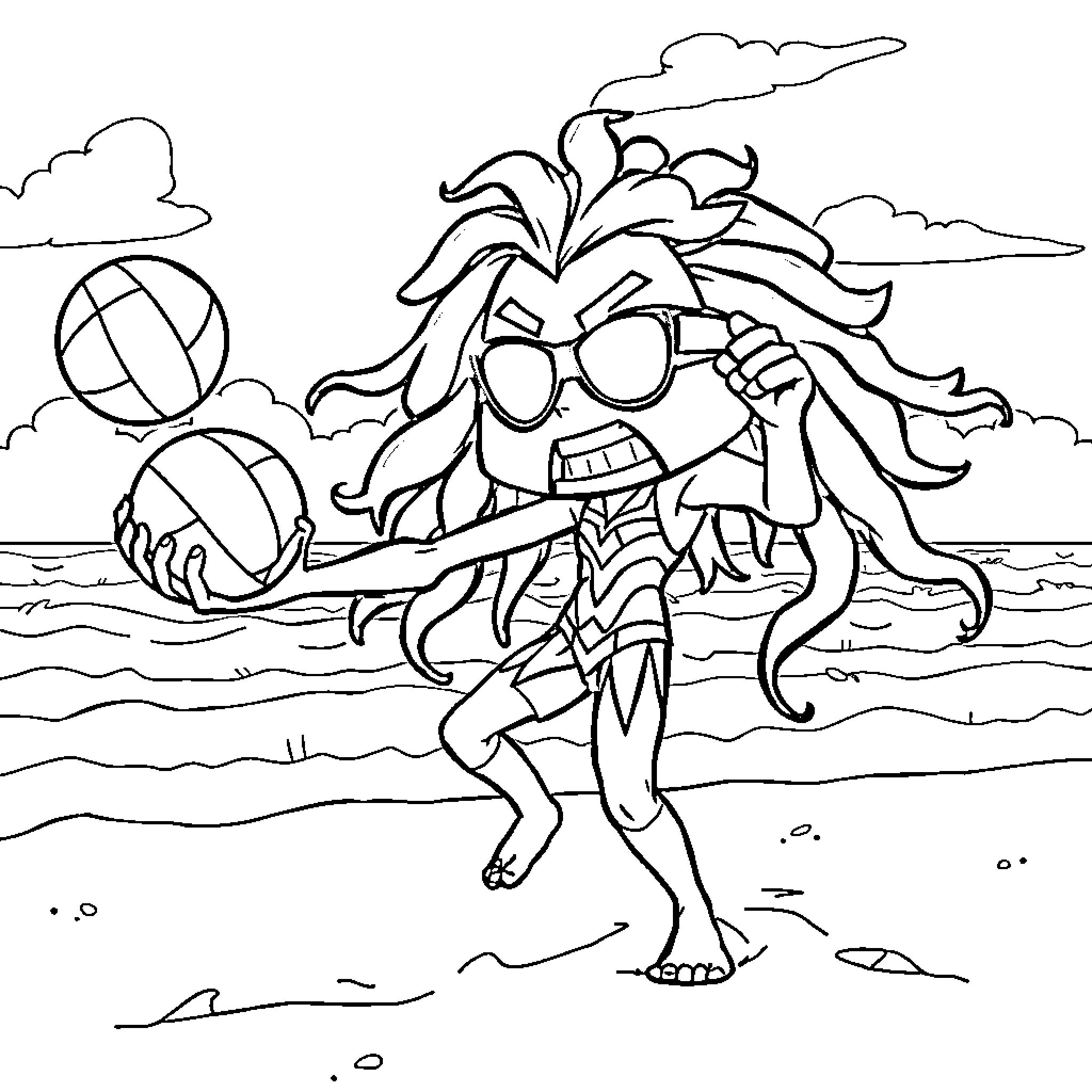 Superthings playing volleyball at the beach Coloring Page (free black-and-white line drawing printable PDF for all, from beginners to advanced learners, including children, teens, adults, and seniors)