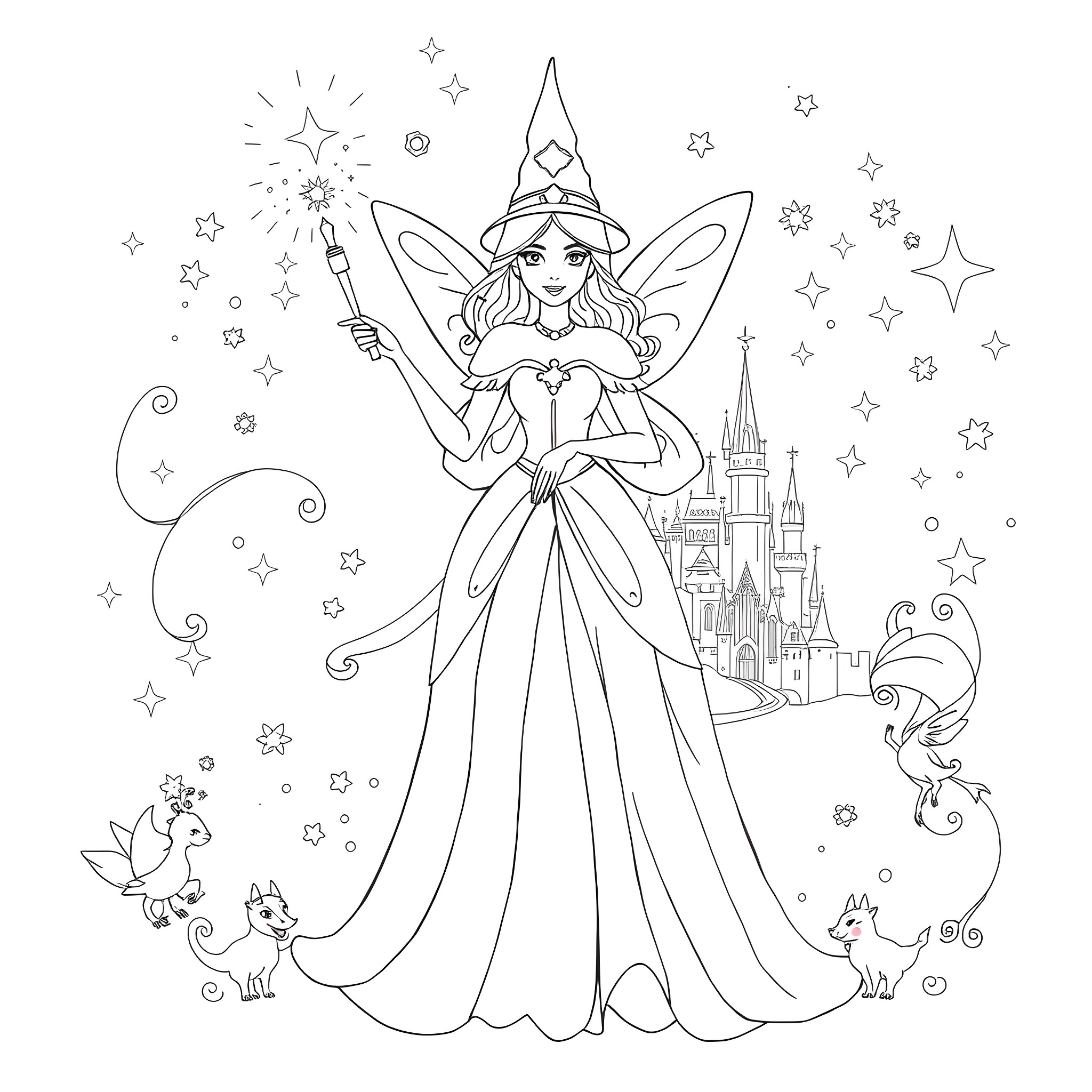 Fairy Godmother casts a magical spell in a enchanting fairytale setting Coloring Page (free black-and-white line drawing printable PDF for all, from beginners to advanced learners, including children, teens, adults, and seniors)